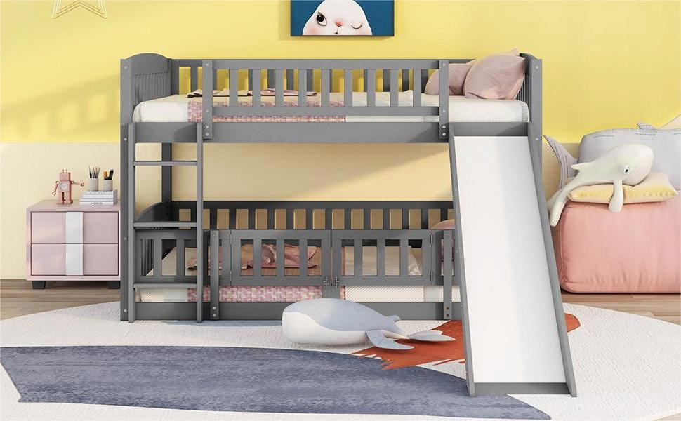 Full over Full Low Bunk Bed with Slide, Fence and Ladder - Gray