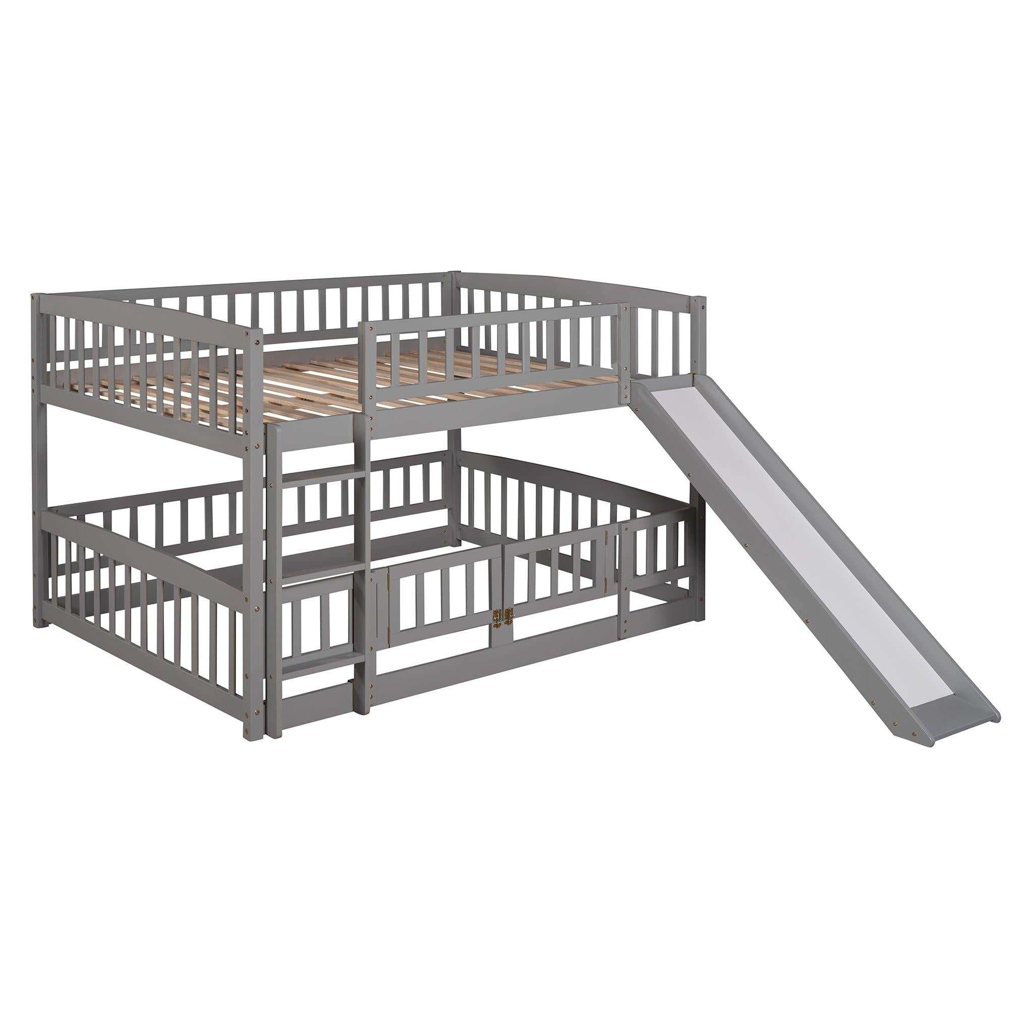 Full over Full Low Bunk Bed with Slide, Fence and Ladder - Gray