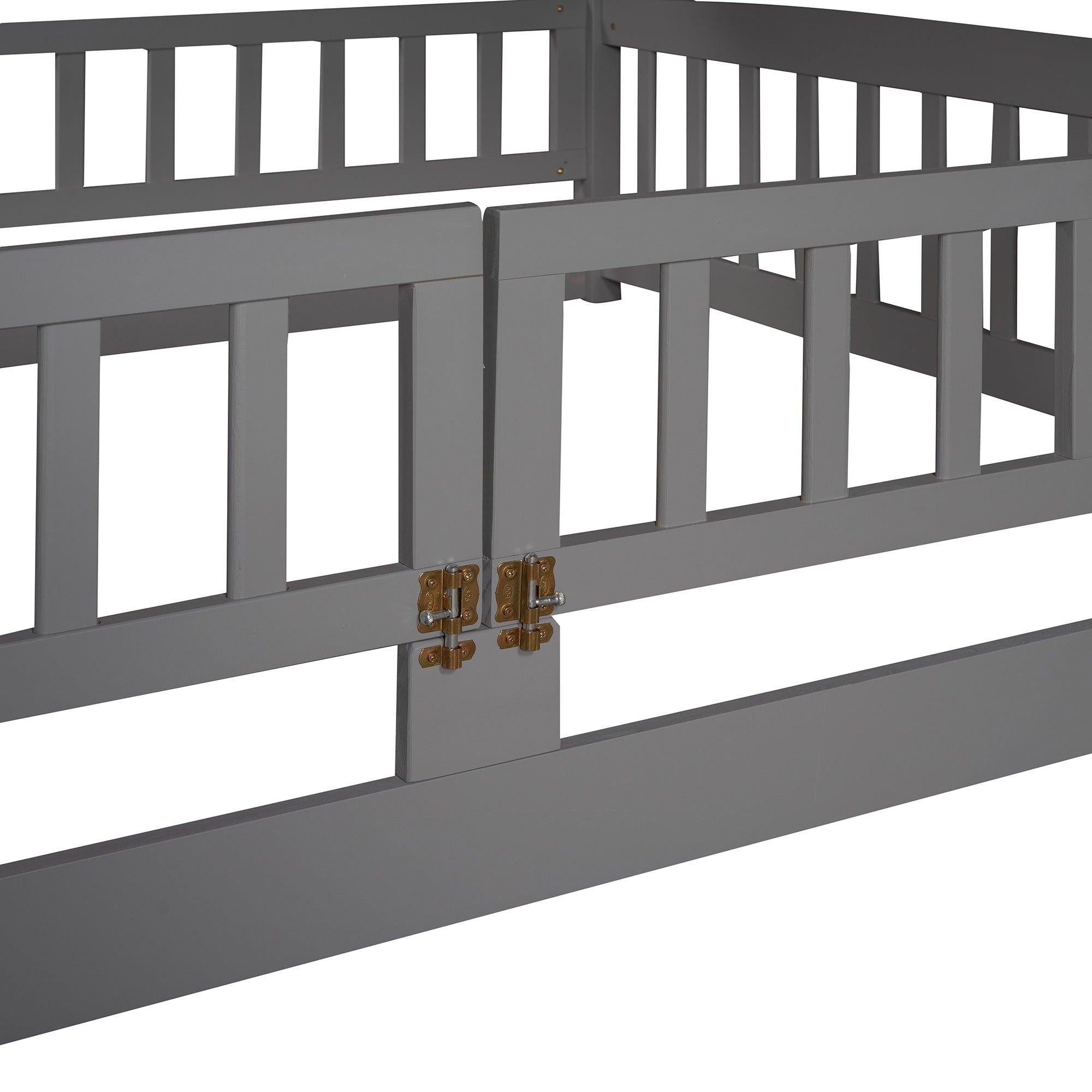 Full over Full Low Bunk Bed with Slide, Fence and Ladder - Gray