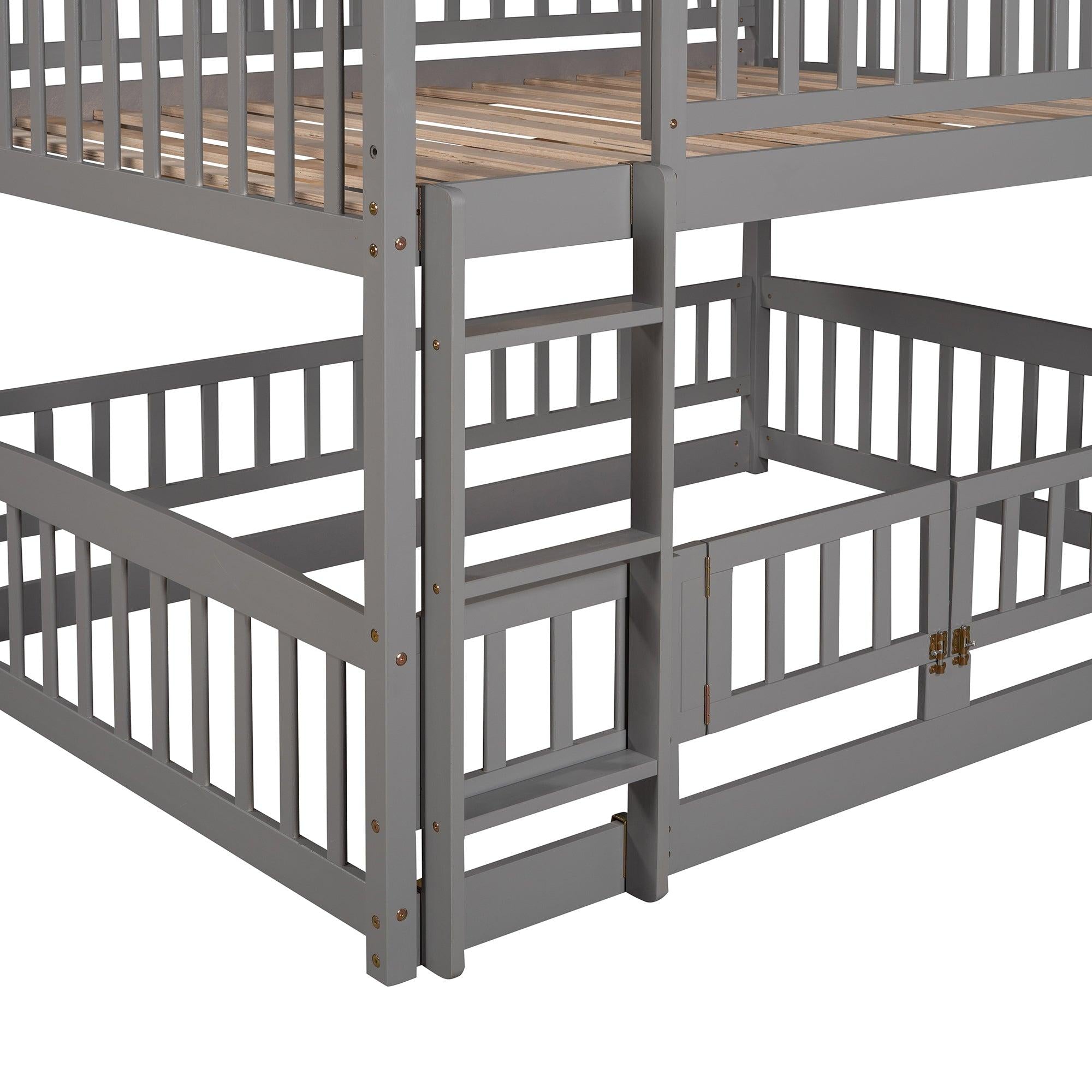 Full over Full Low Bunk Bed with Slide, Fence and Ladder - Gray