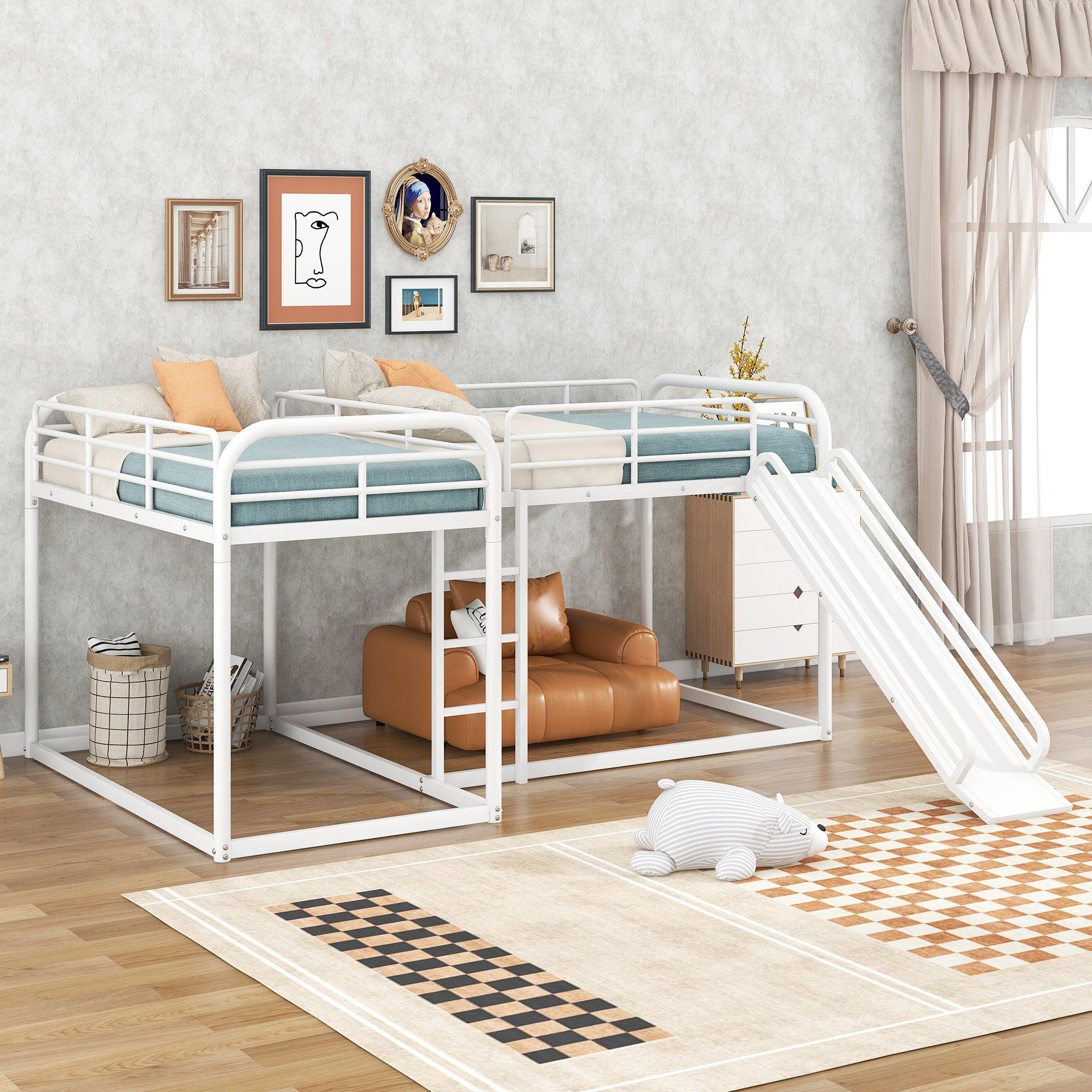 Full and Twin Size Low L-Shaped Bunk Bed with Slide and Ladder - White