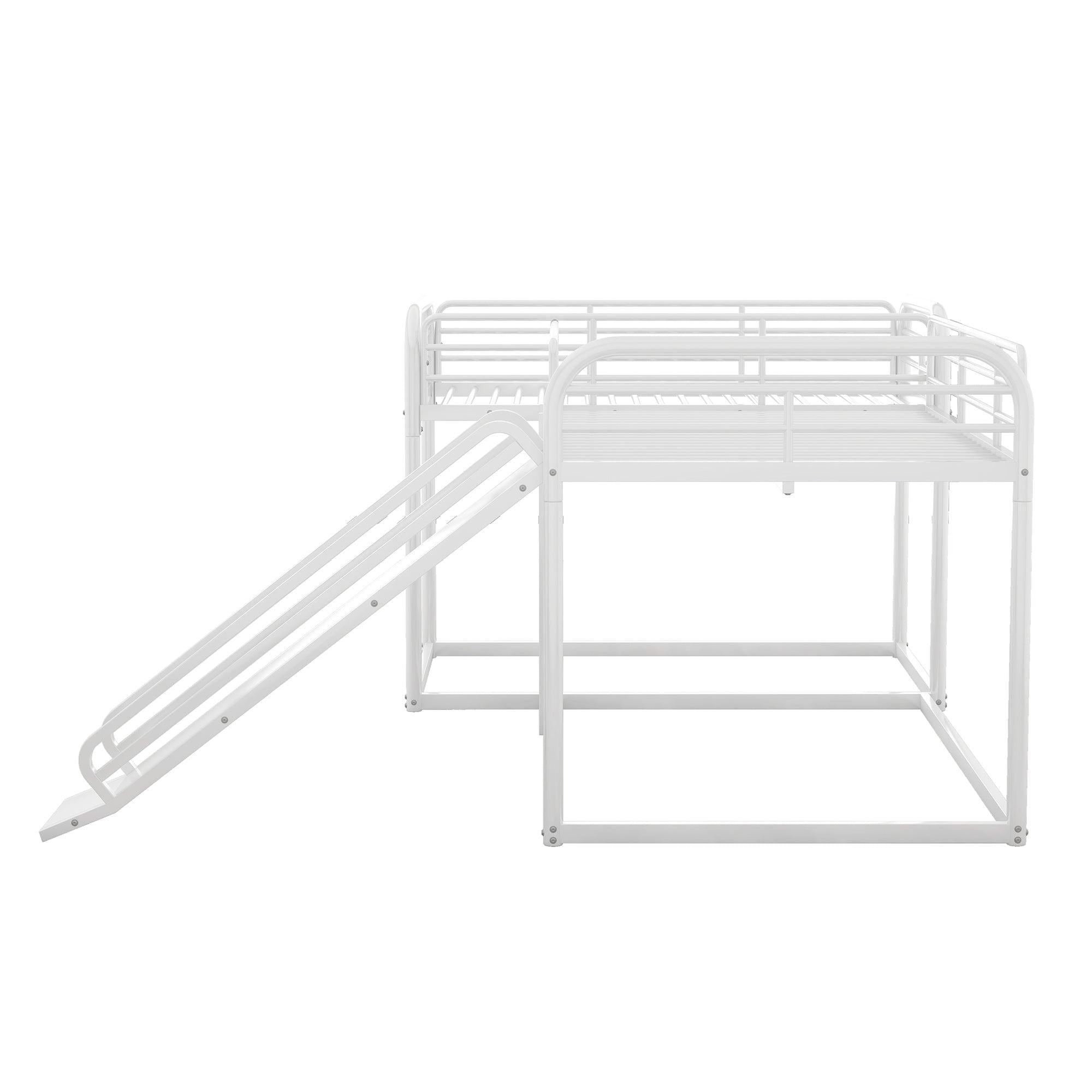 Full and Twin Size Low L-Shaped Bunk Bed with Slide and Ladder - White