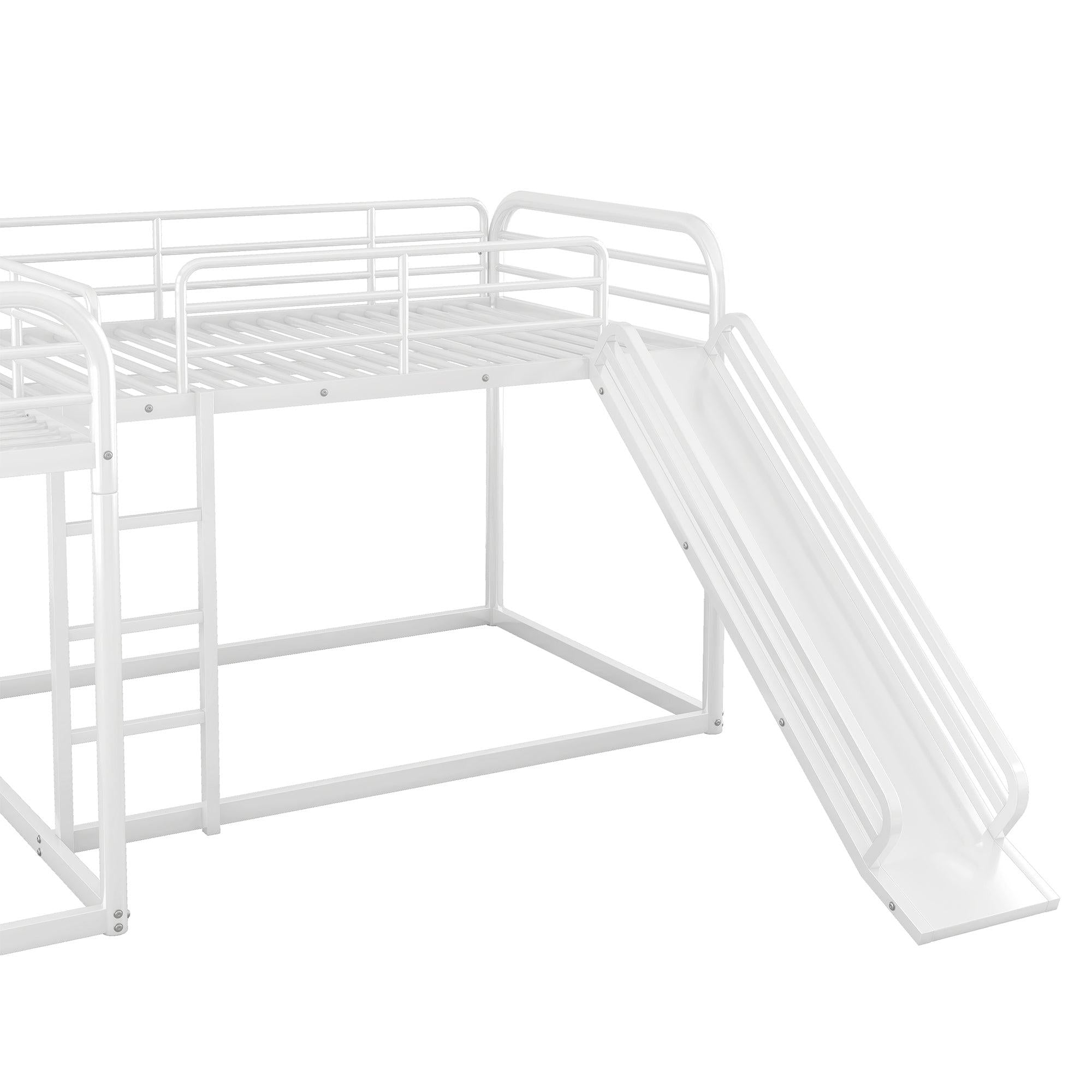 Full and Twin Size Low L-Shaped Bunk Bed with Slide and Ladder - White