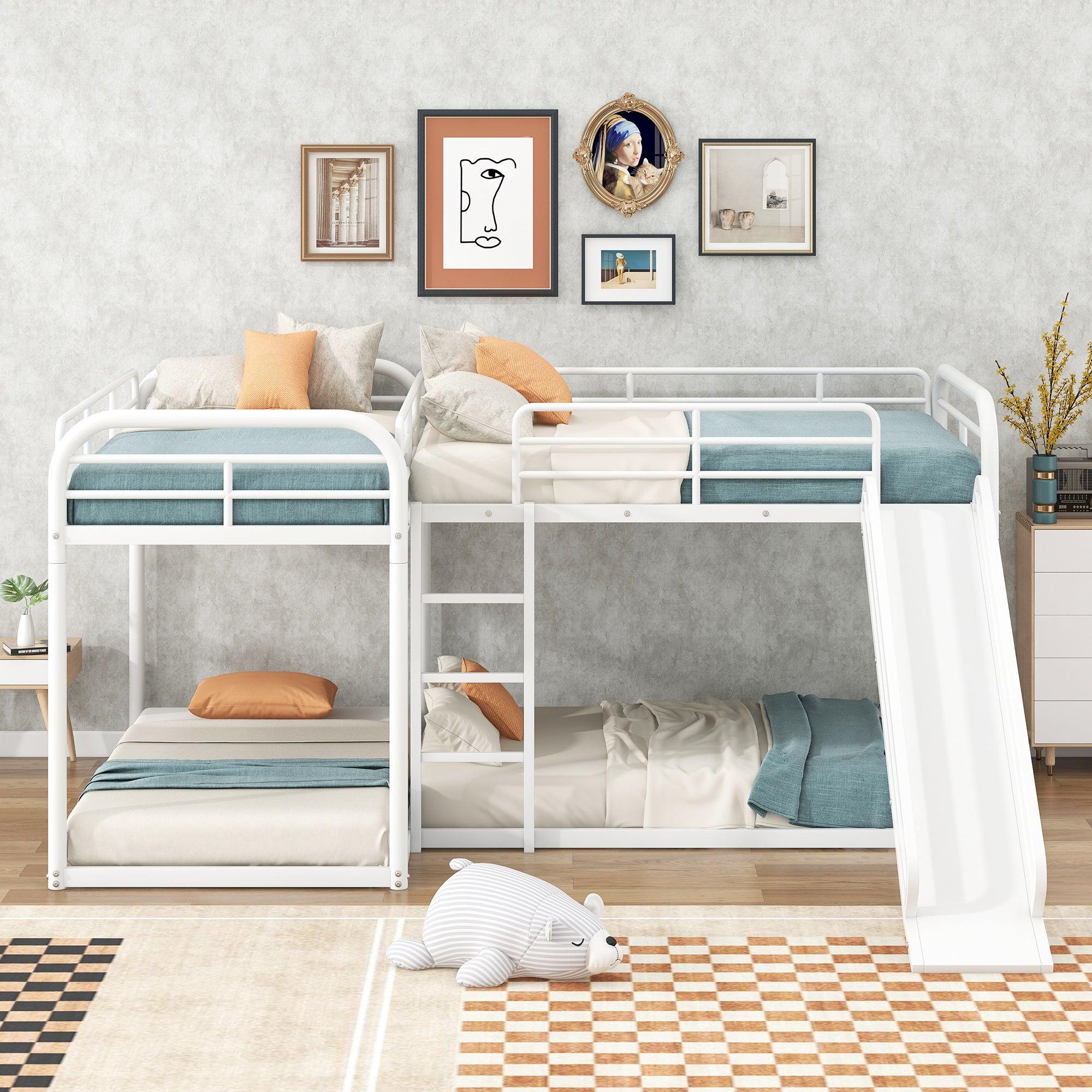 Full and Twin Size Low L-Shaped Bunk Bed with Slide and Ladder - White