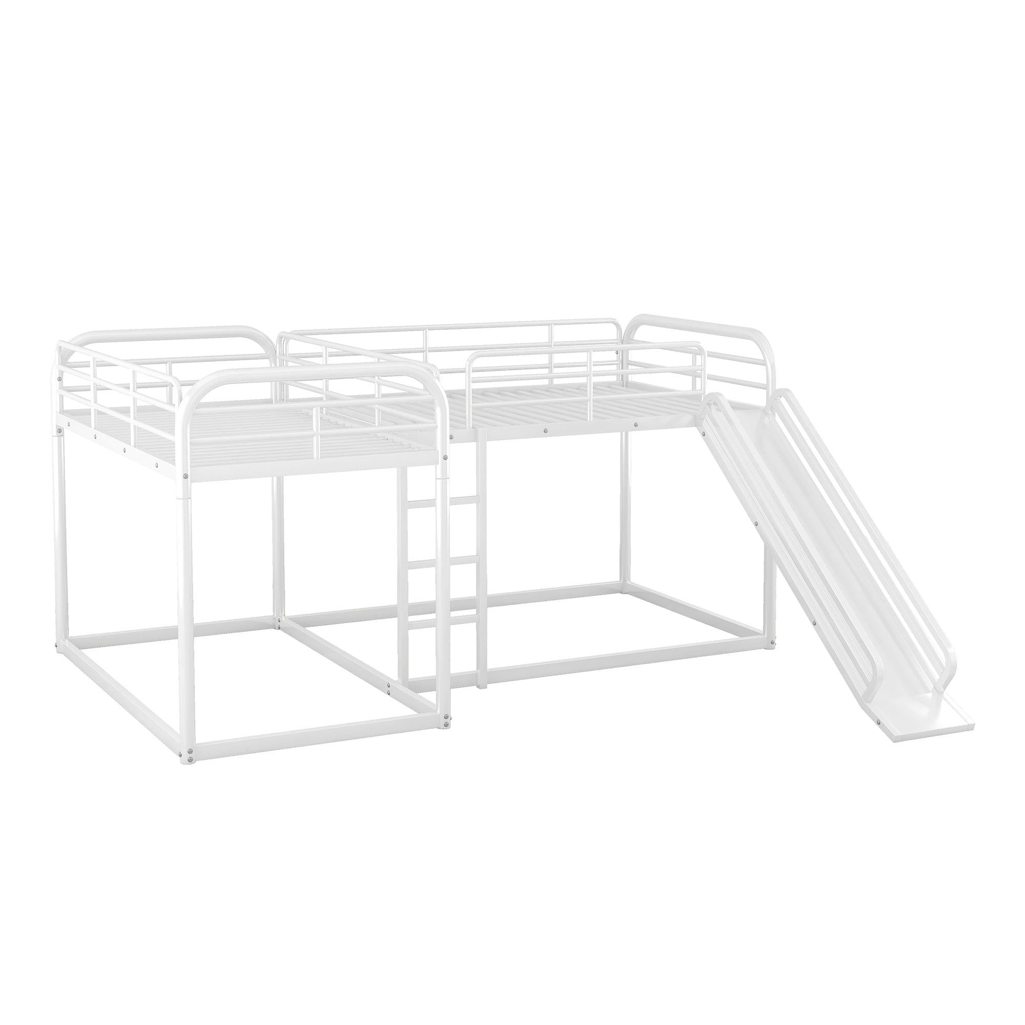 Full and Twin Size Low L-Shaped Bunk Bed with Slide and Ladder - White