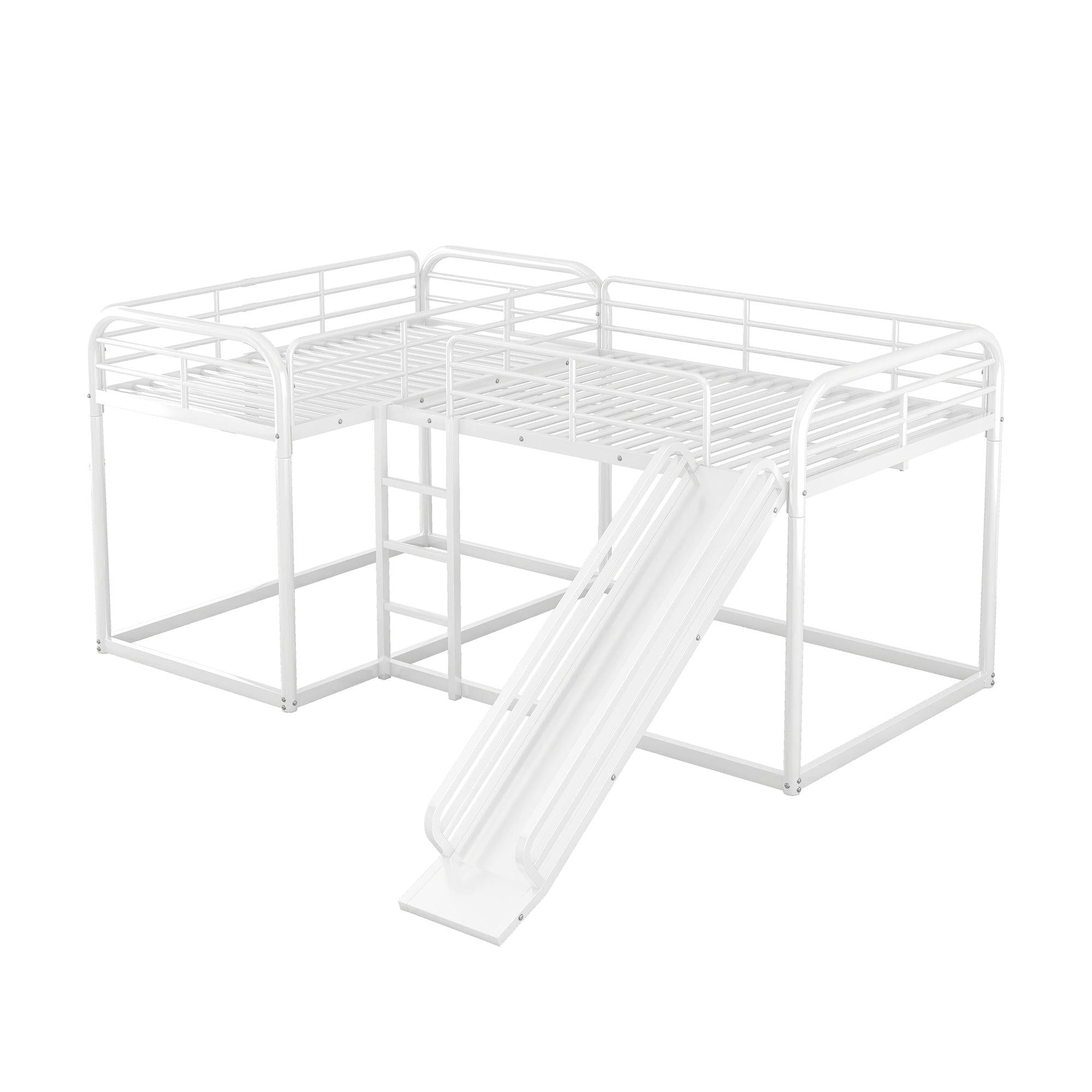 Full and Twin Size Low L-Shaped Bunk Bed with Slide and Ladder - White