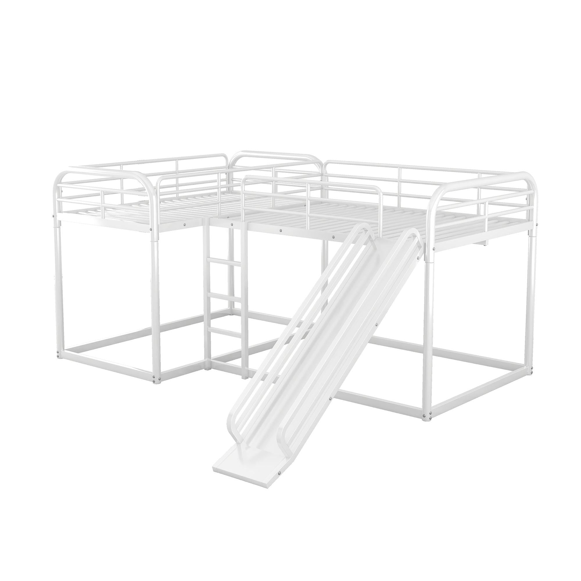 Full and Twin Size Low L-Shaped Bunk Bed with Slide and Ladder - White