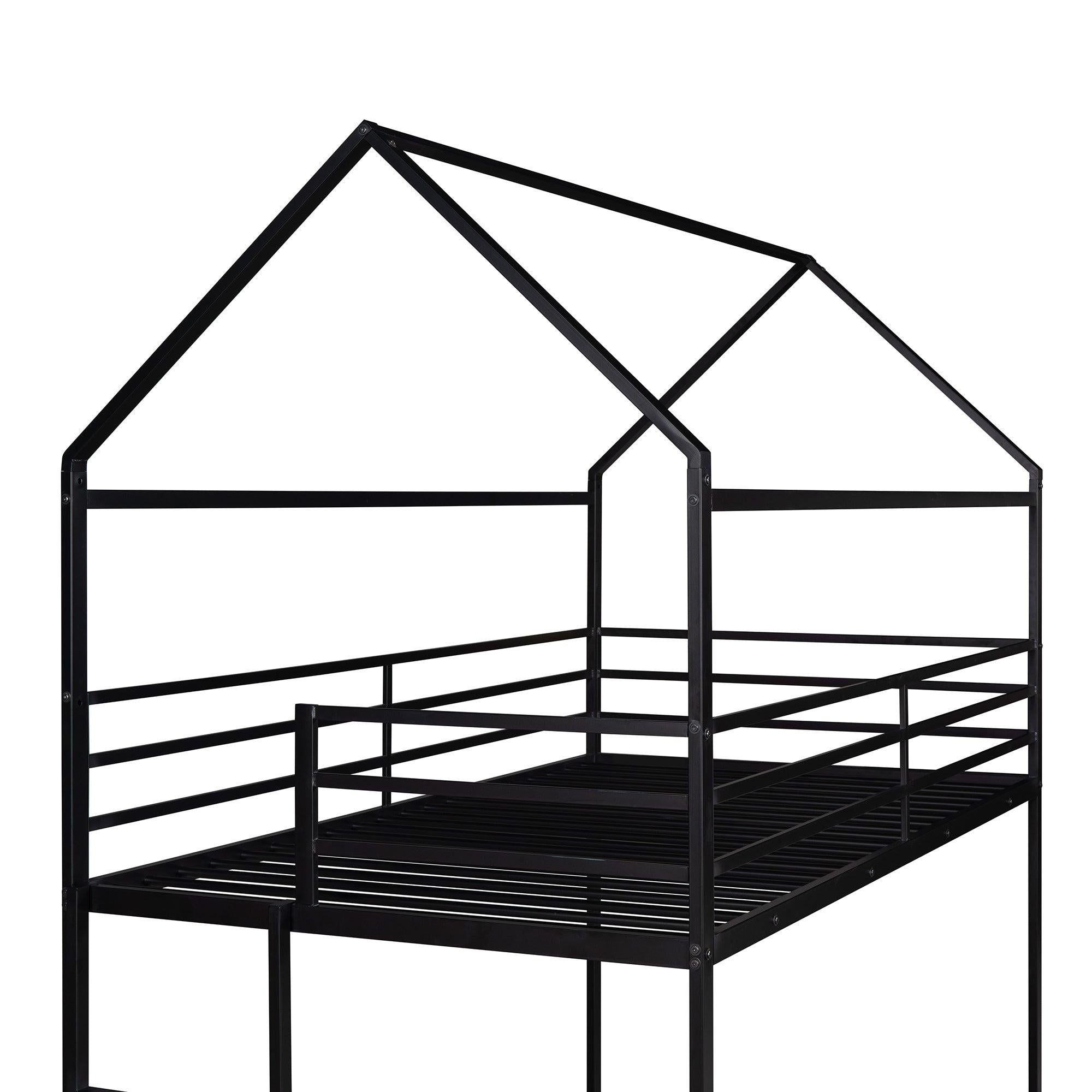 Twin over Twin Metal House Shaped Bunk Beds with Built-in Ladder - Black