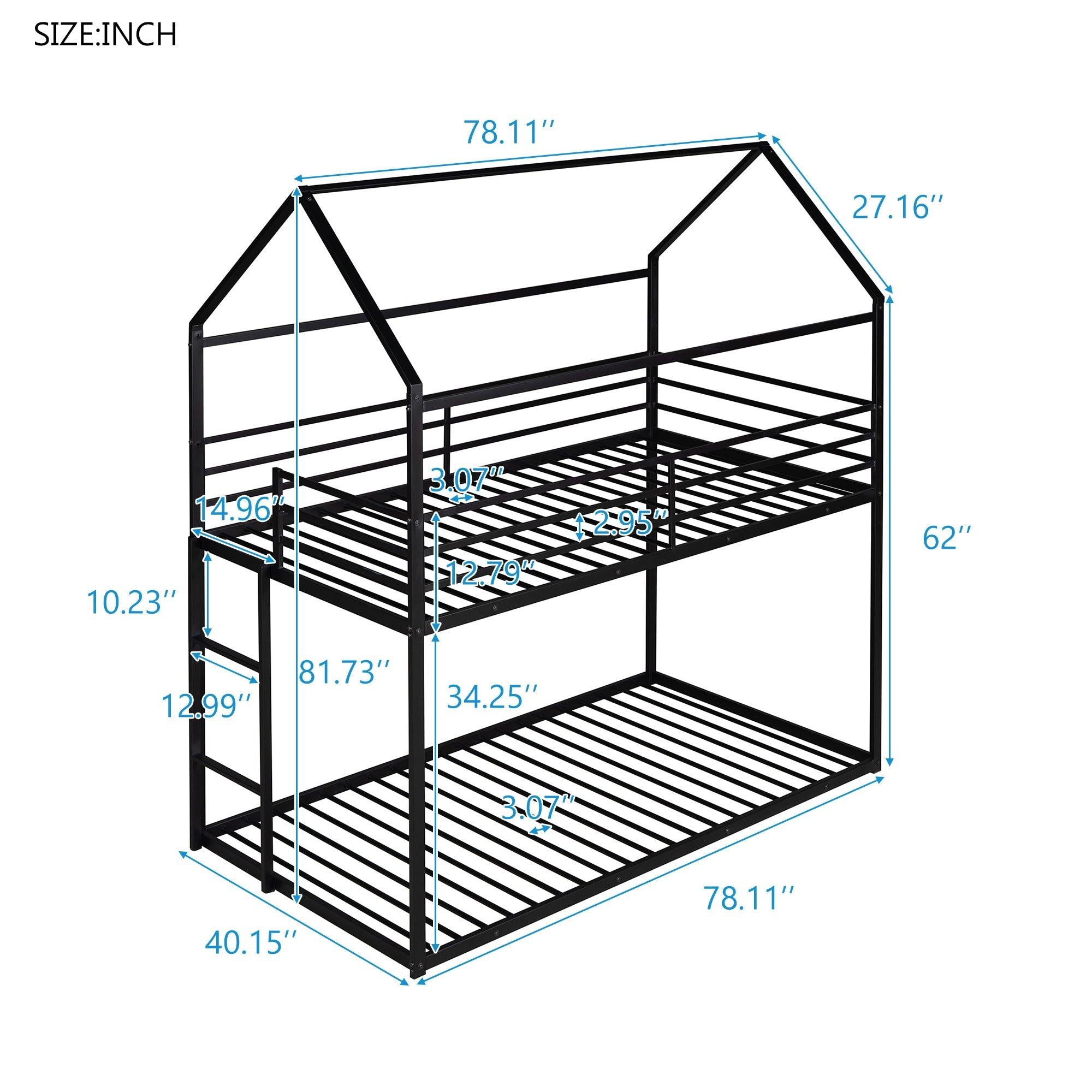 Twin over Twin Metal House Shaped Bunk Beds with Built-in Ladder - Black