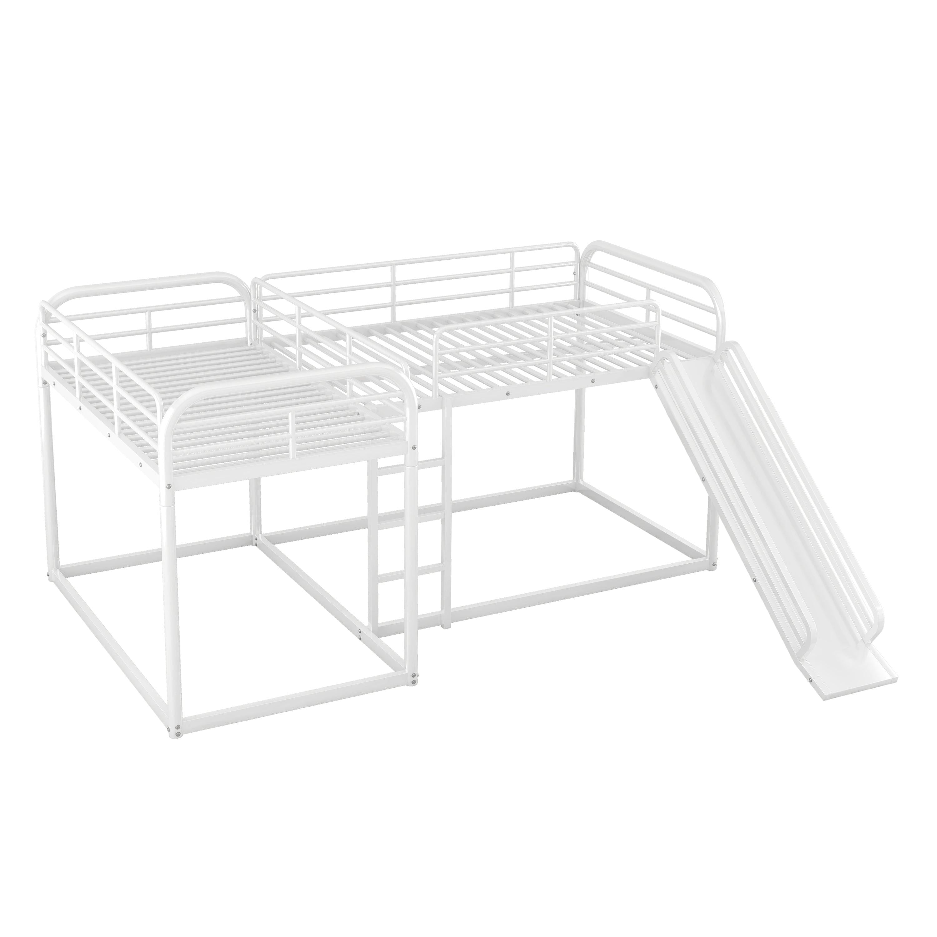 Full and Twin Size Low L-Shaped Bunk Bed with Slide and Ladder - White