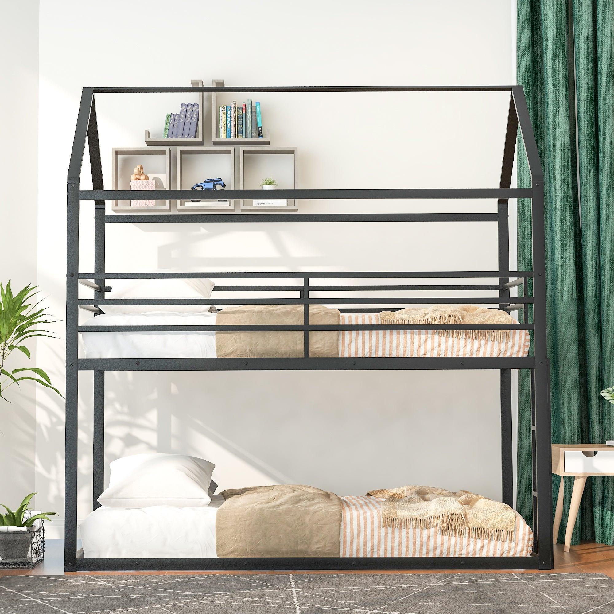 Twin over Twin Metal House Shaped Bunk Beds with Built-in Ladder - Black