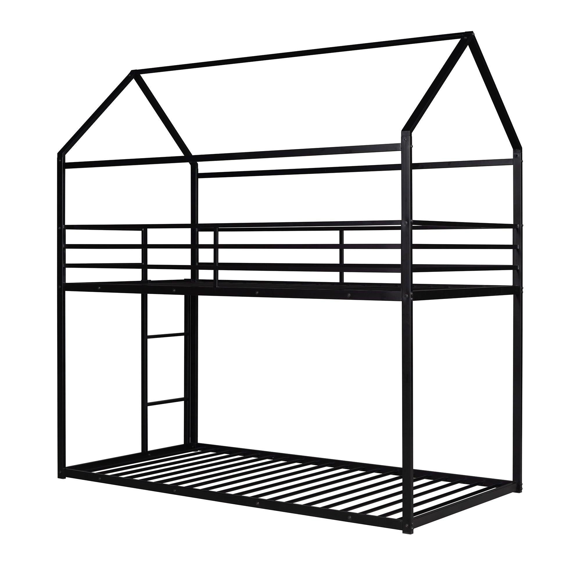 Twin over Twin Metal House Shaped Bunk Beds with Built-in Ladder - Black