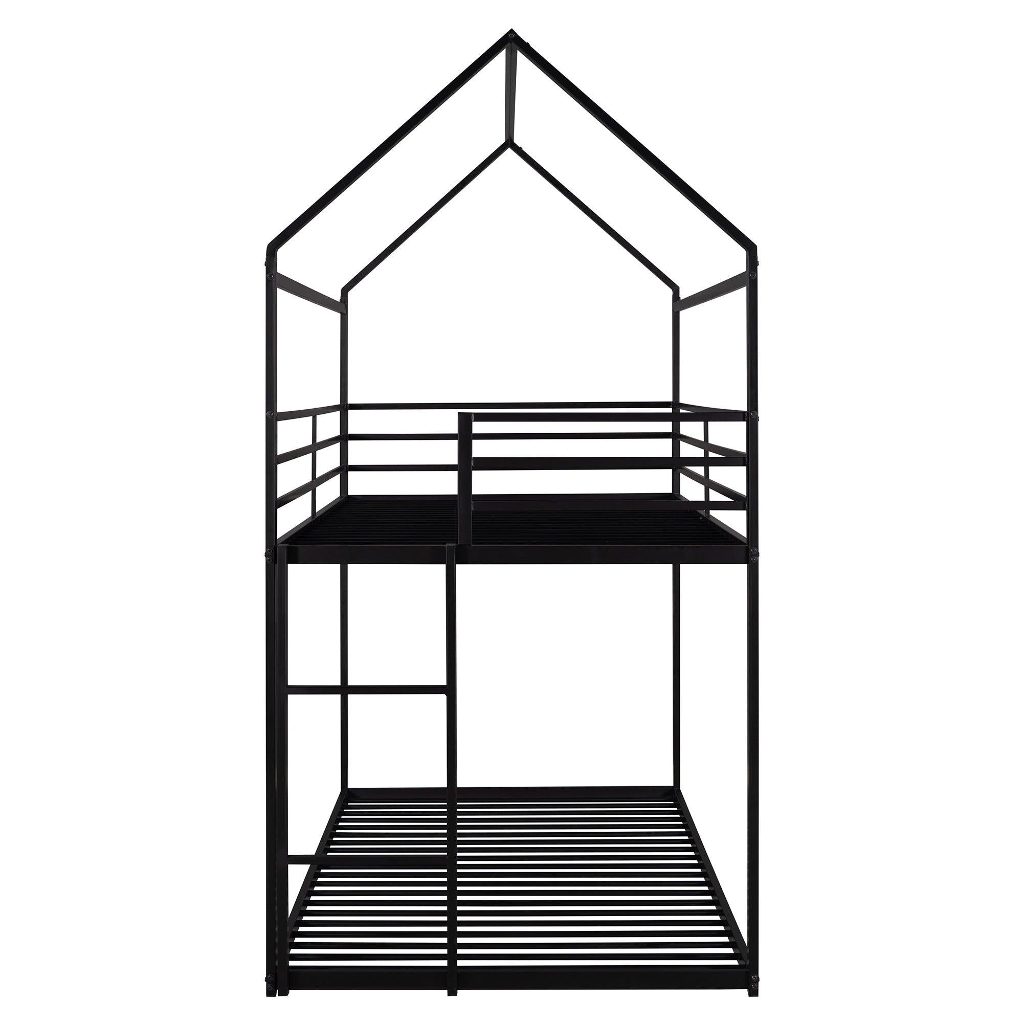 Twin over Twin Metal House Shaped Bunk Beds with Built-in Ladder - Black