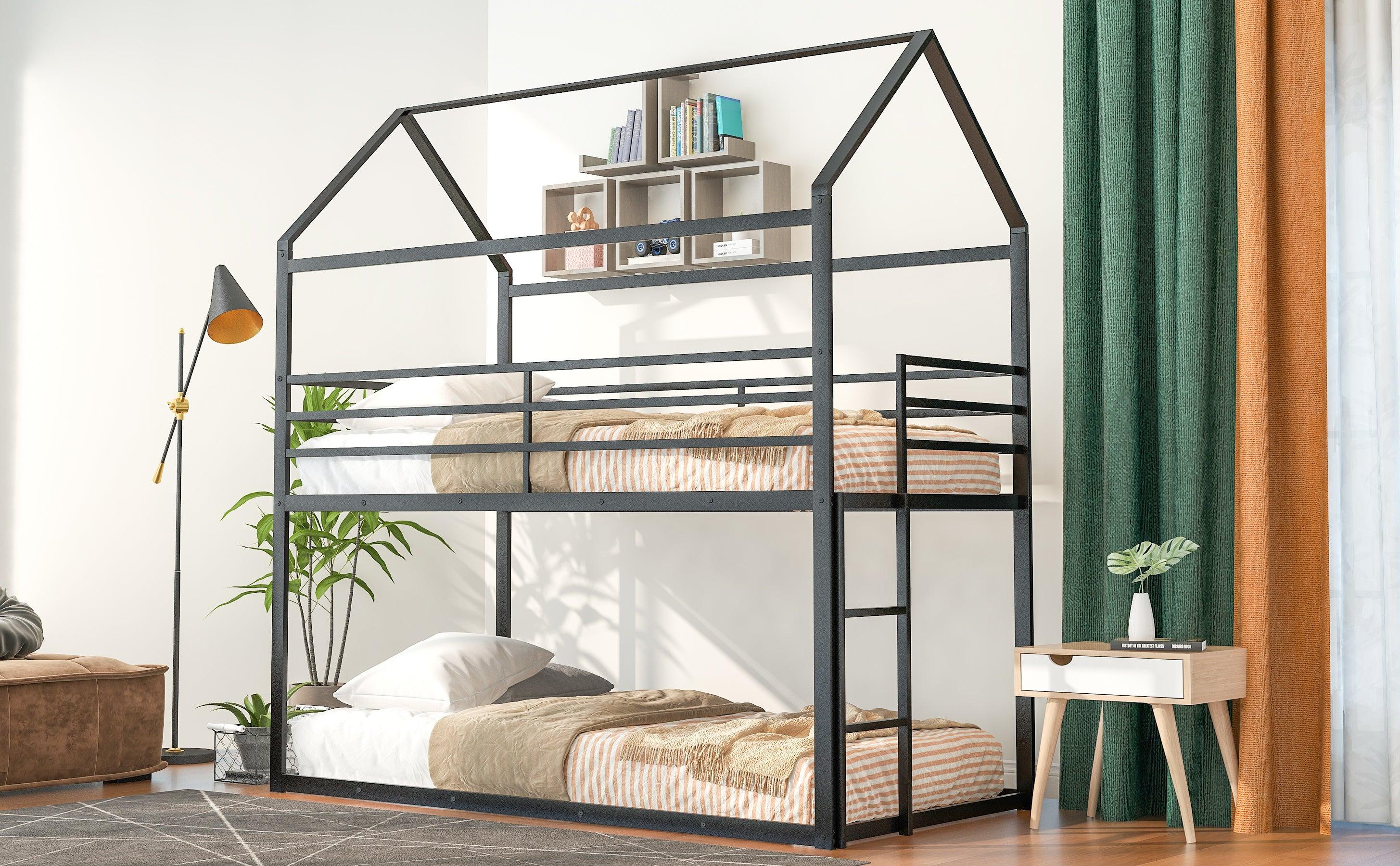 Twin over Twin Metal House Shaped Bunk Beds with Built-in Ladder - Black