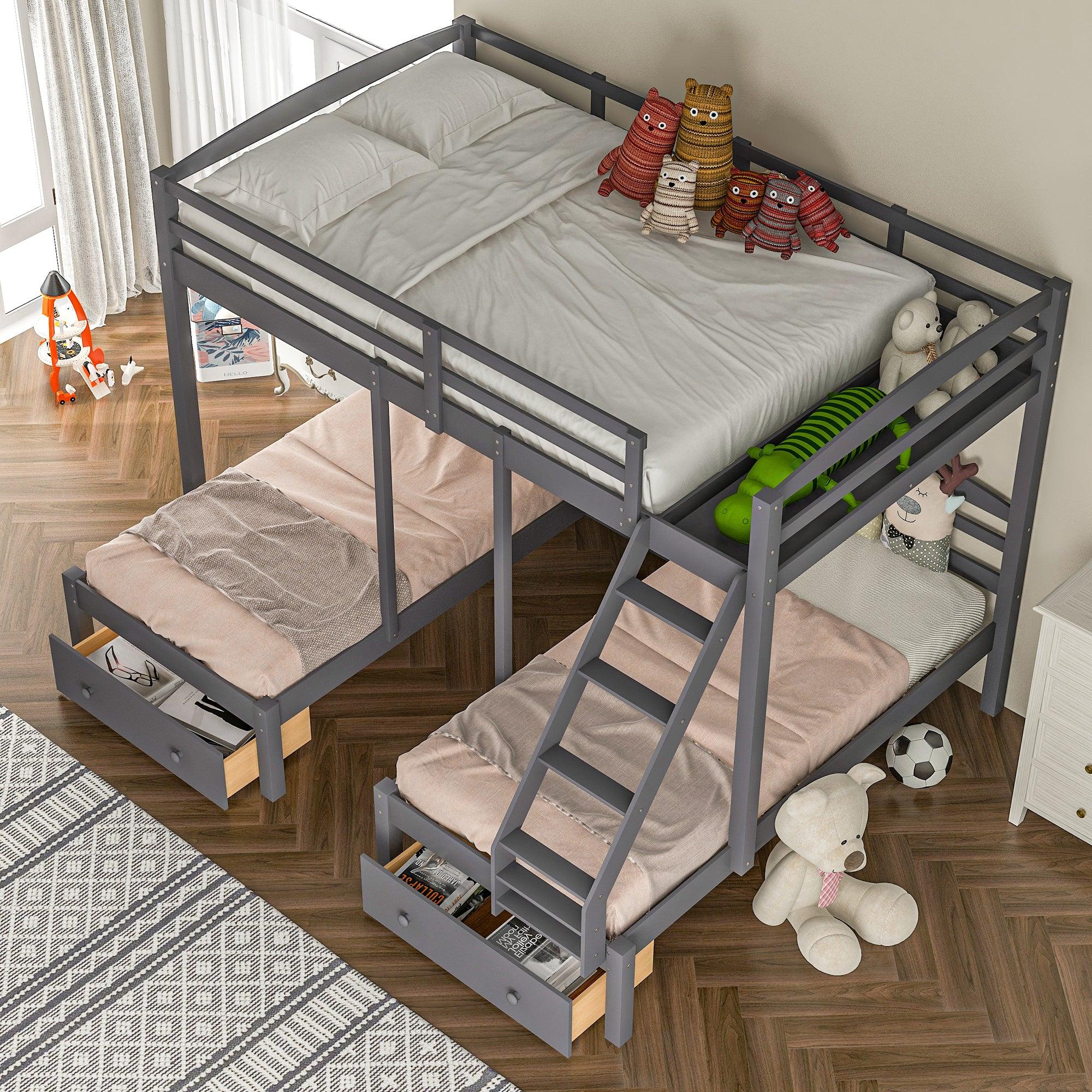 Full over Twin and Twin Bunk Bed with Drawers - Gray