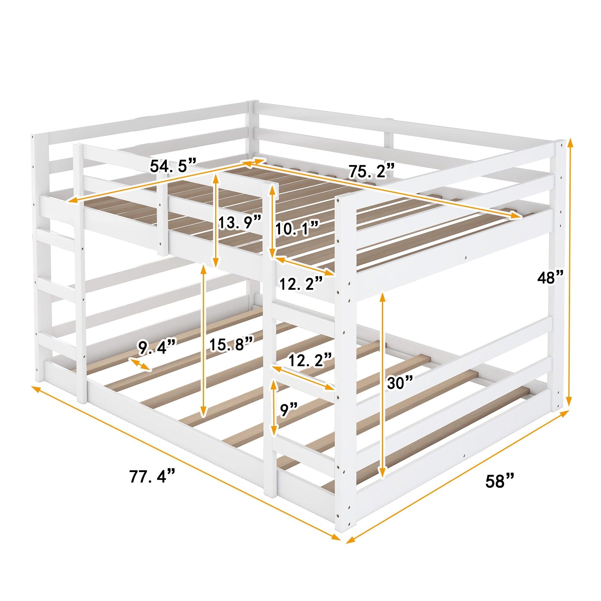 Full Over Full Low Bunk Bed with Ladder - White