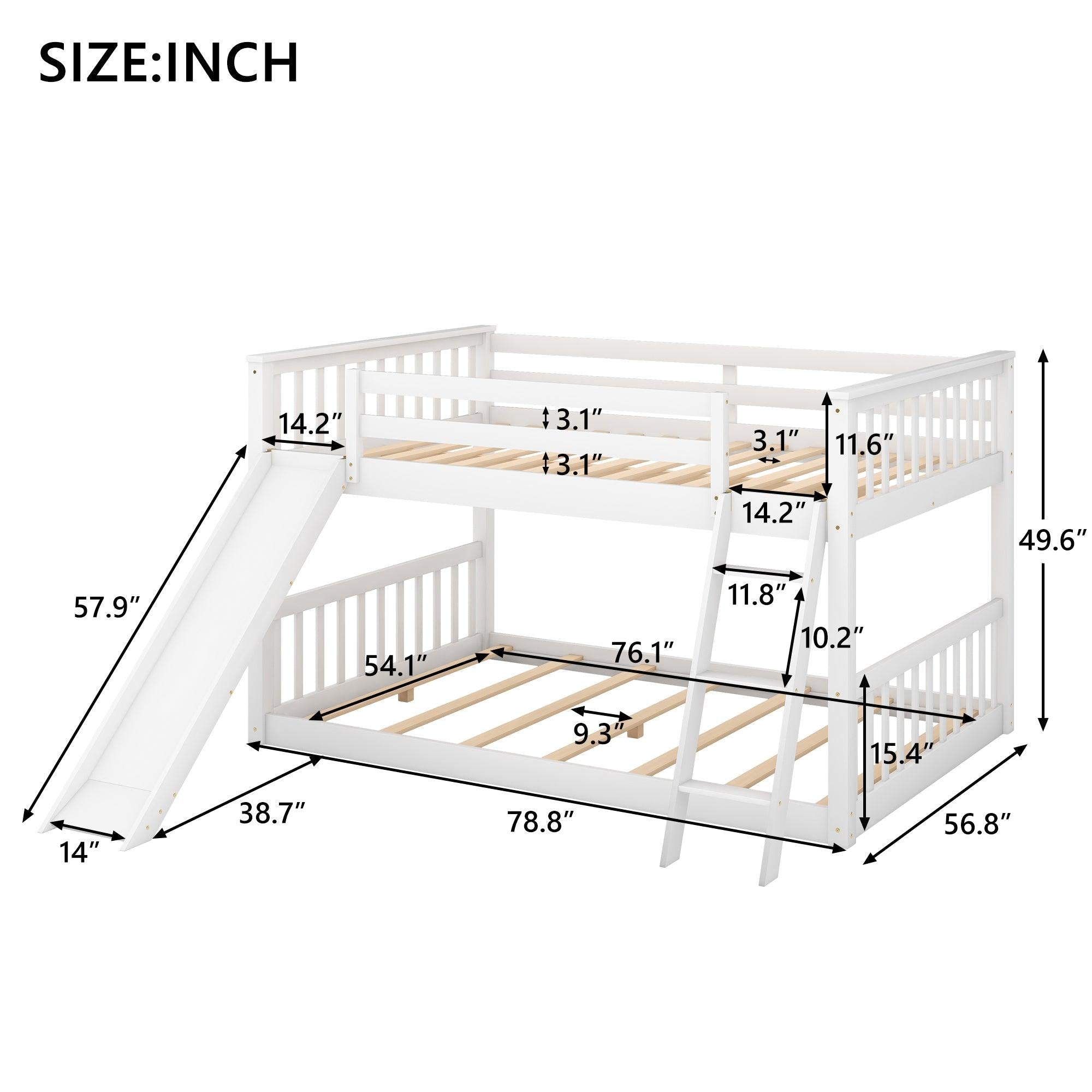 Full over Full Bunk Bed with Slide and Ladder - White