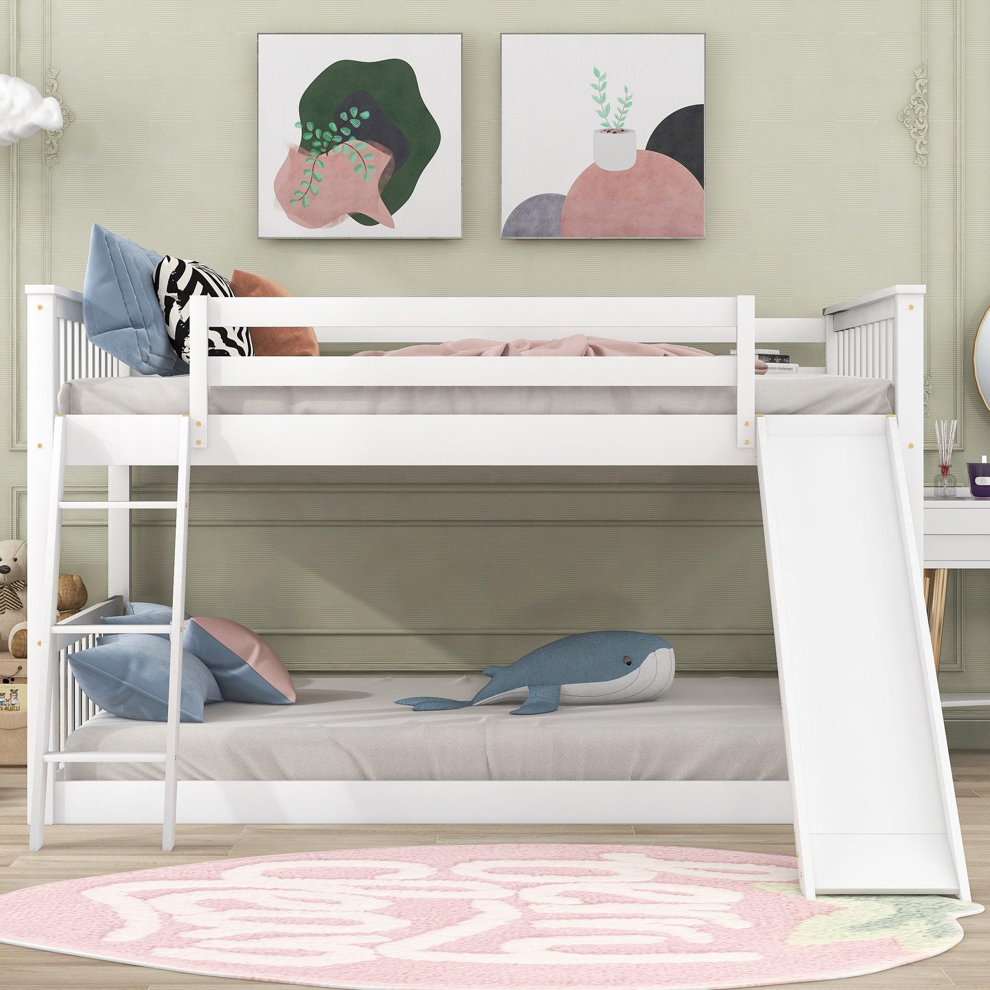 Full over Full Bunk Bed with Slide and Ladder - White