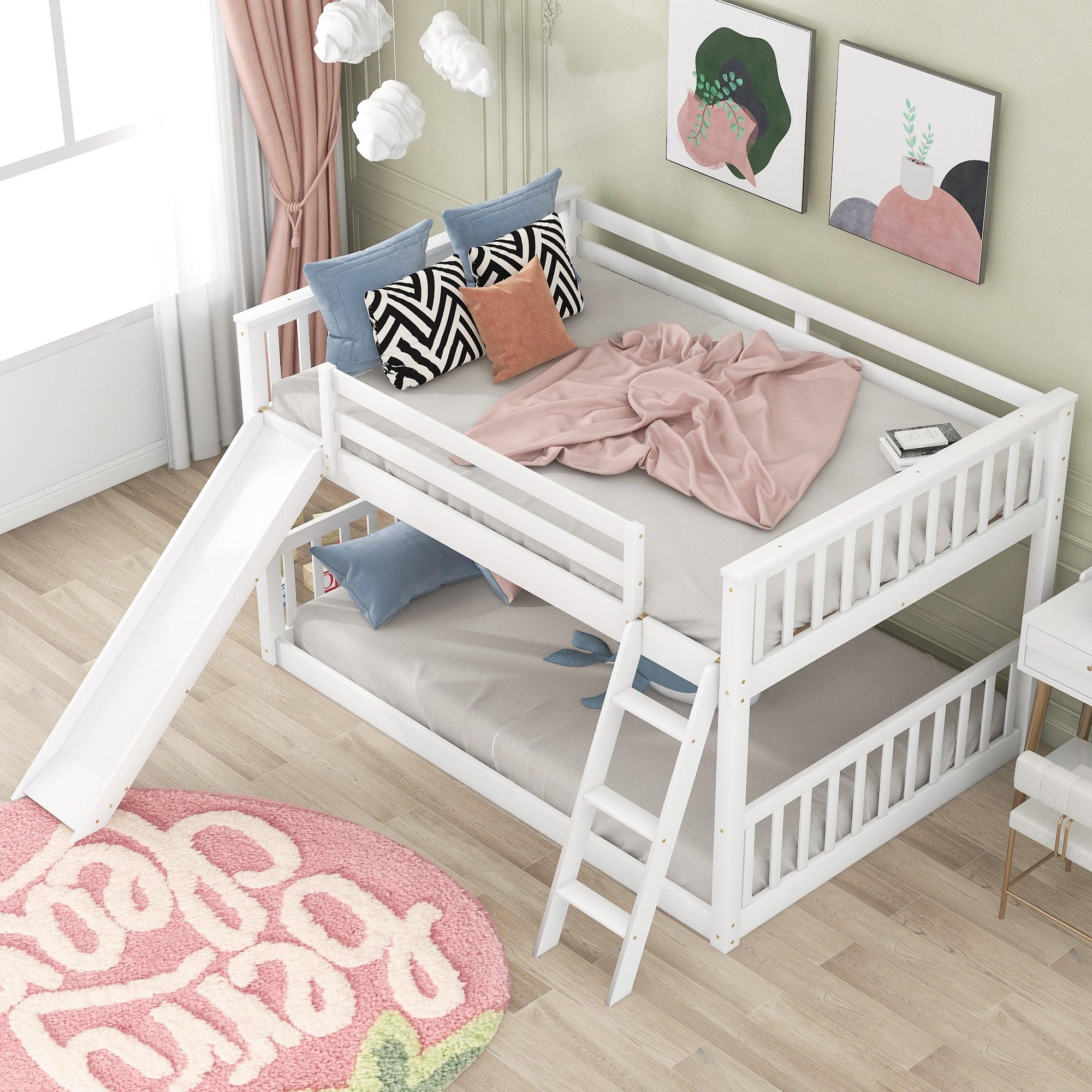 Full over Full Bunk Bed with Slide and Ladder - White