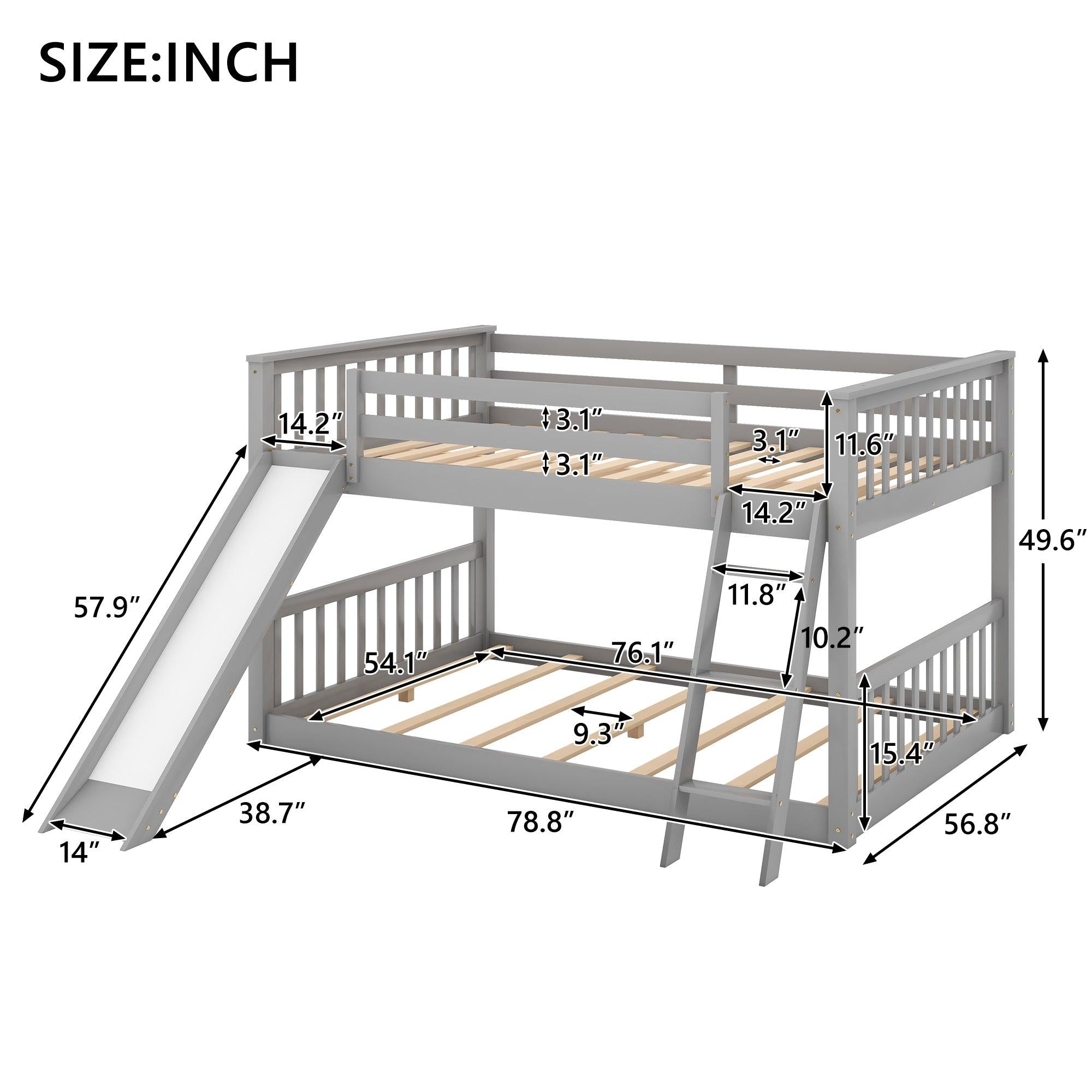 Full over Full Bunk Bed with Slide and Ladder - Gray