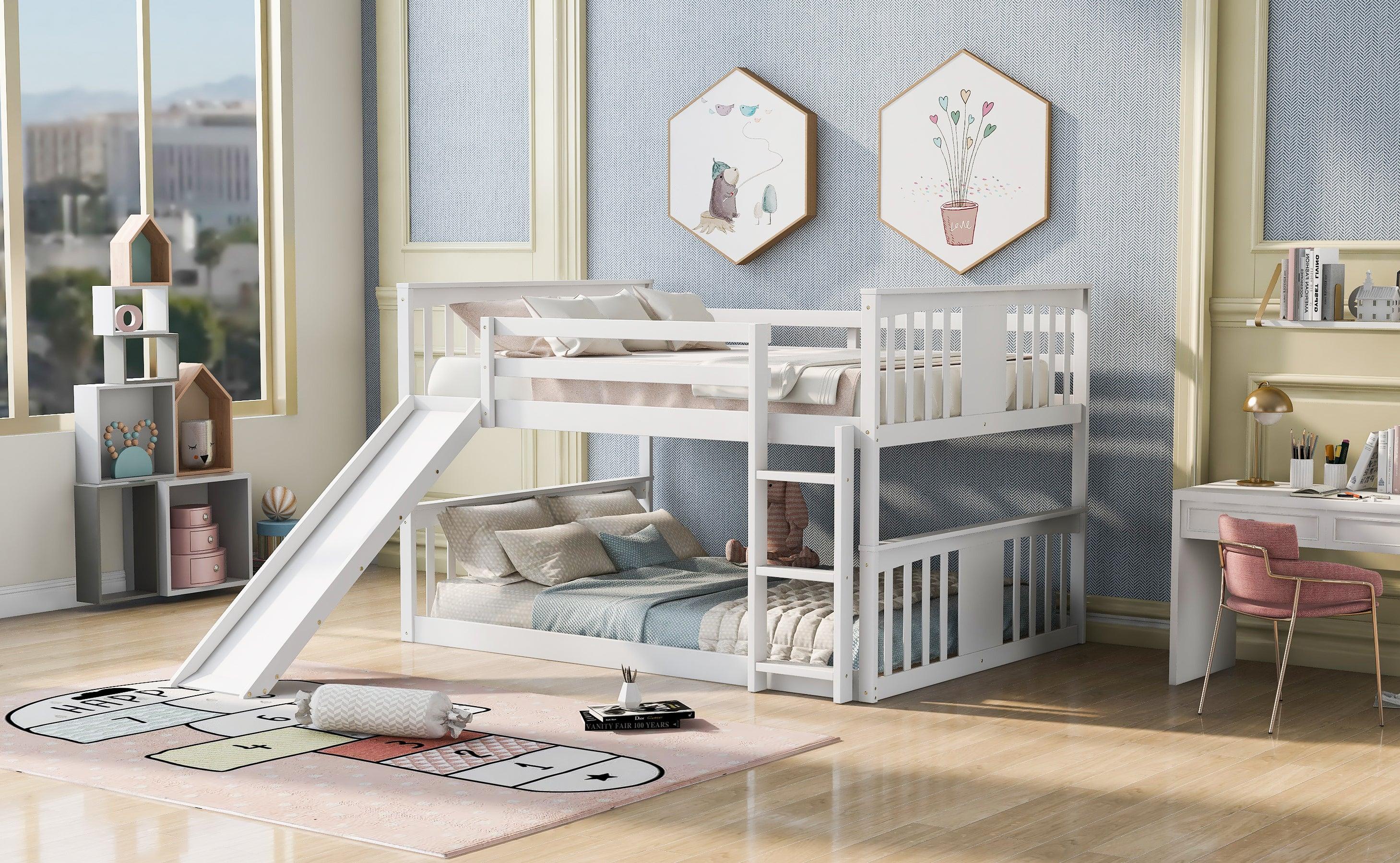 Full Over Full Bunk Bed with Ladder with Slide - White