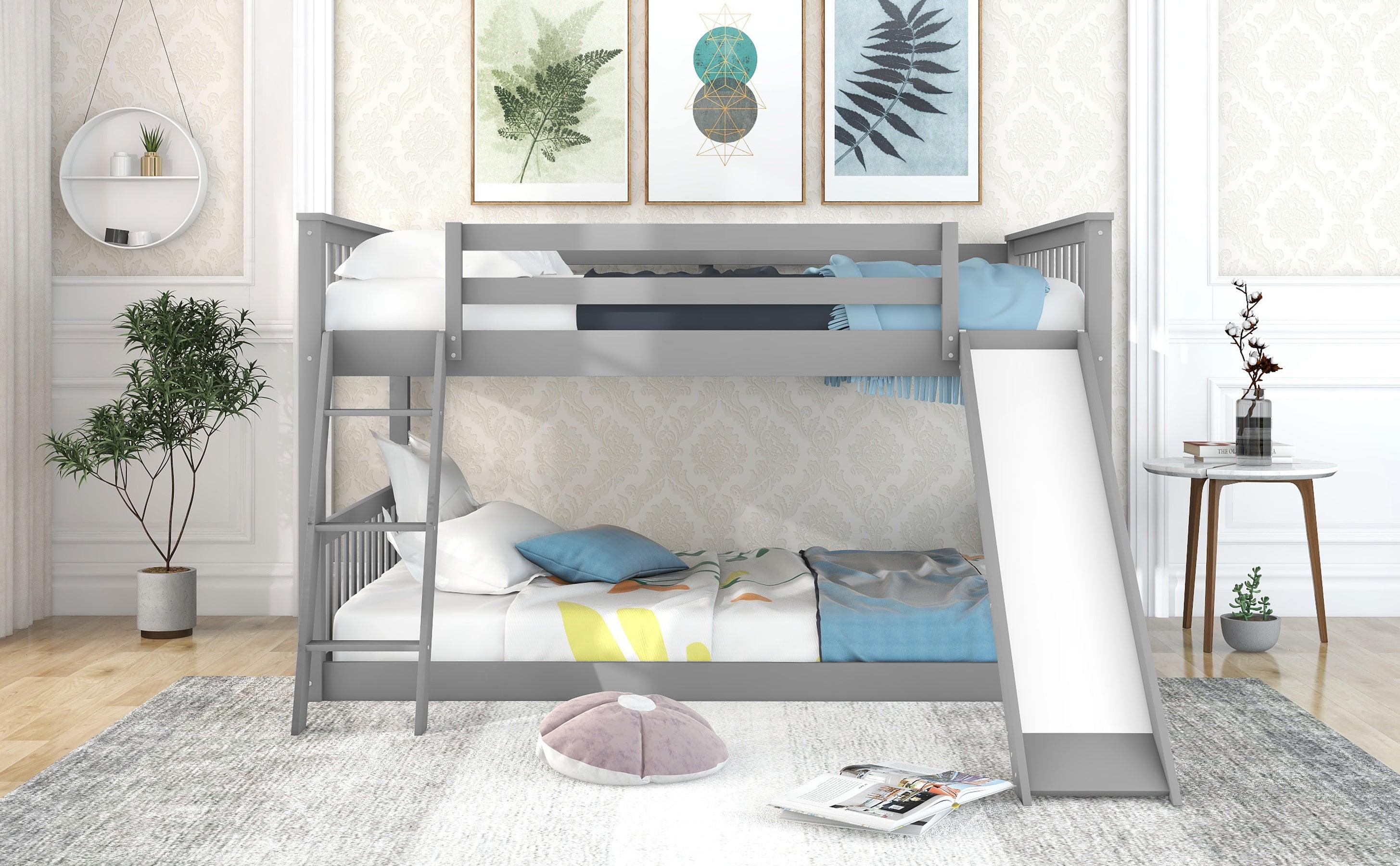 Full over Full Bunk Bed with Slide and Ladder - Gray