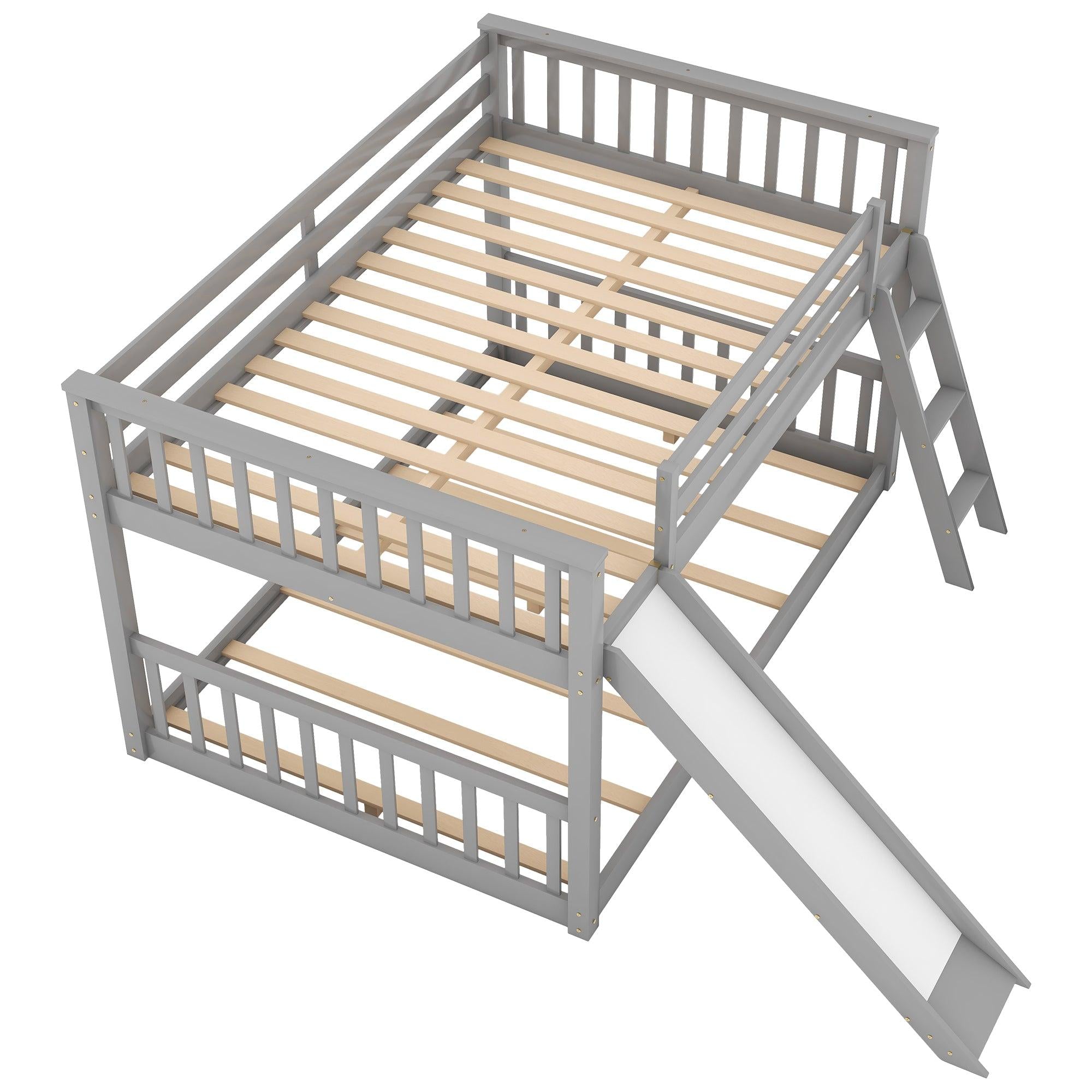 Full over Full Bunk Bed with Slide and Ladder - Gray