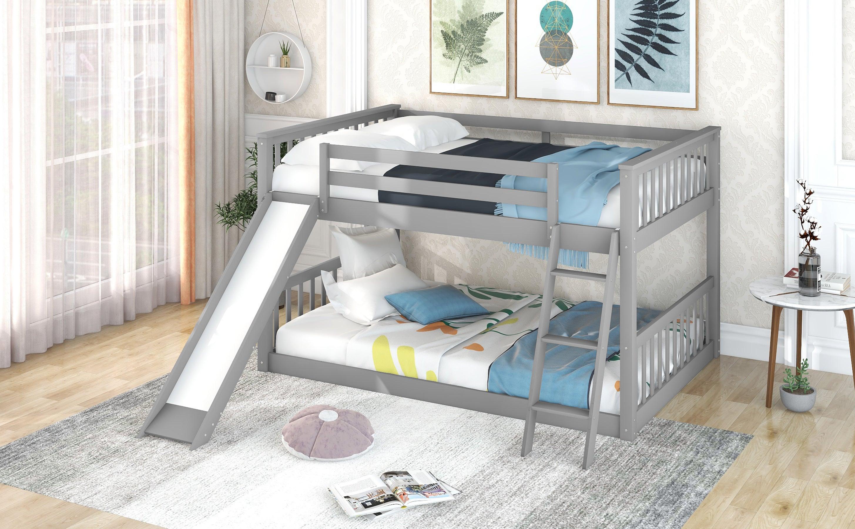 Full over Full Bunk Bed with Slide and Ladder - Gray