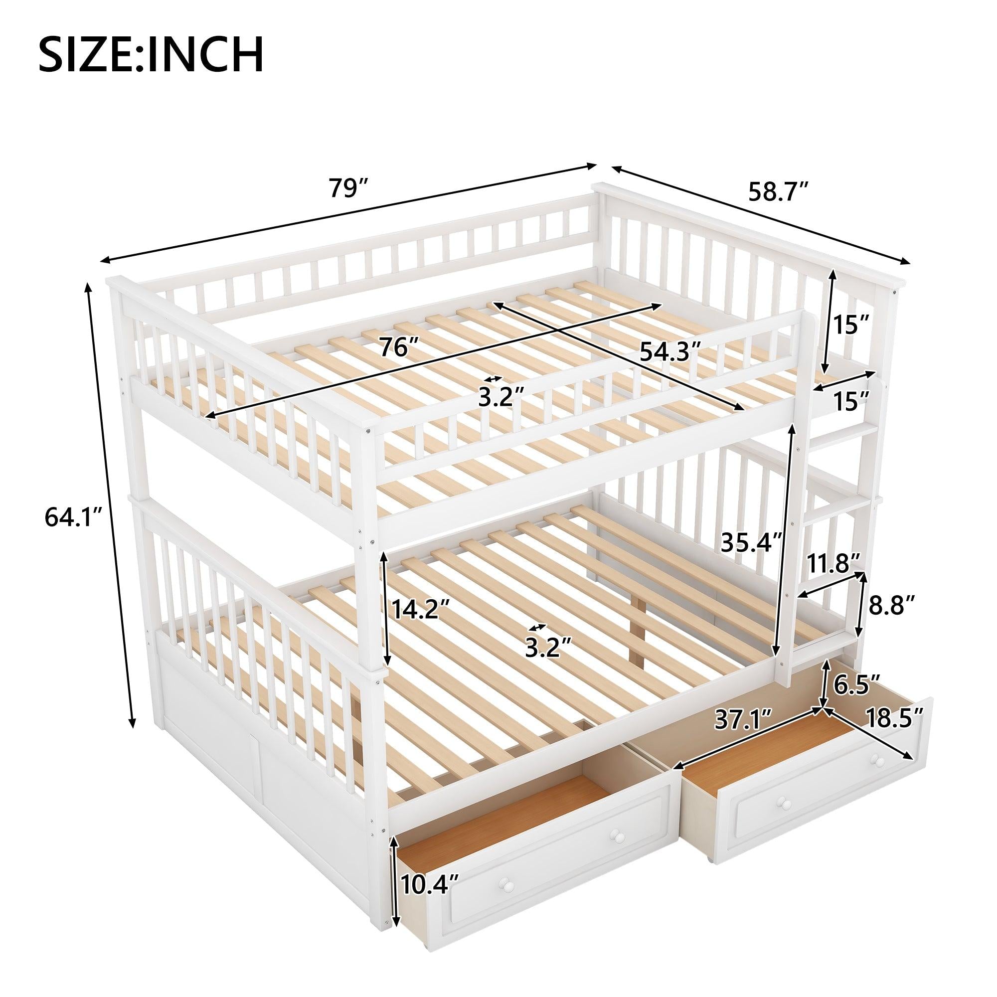 Full over Full Convertible Bunk Bed with Drawers and Head and Footboard - White