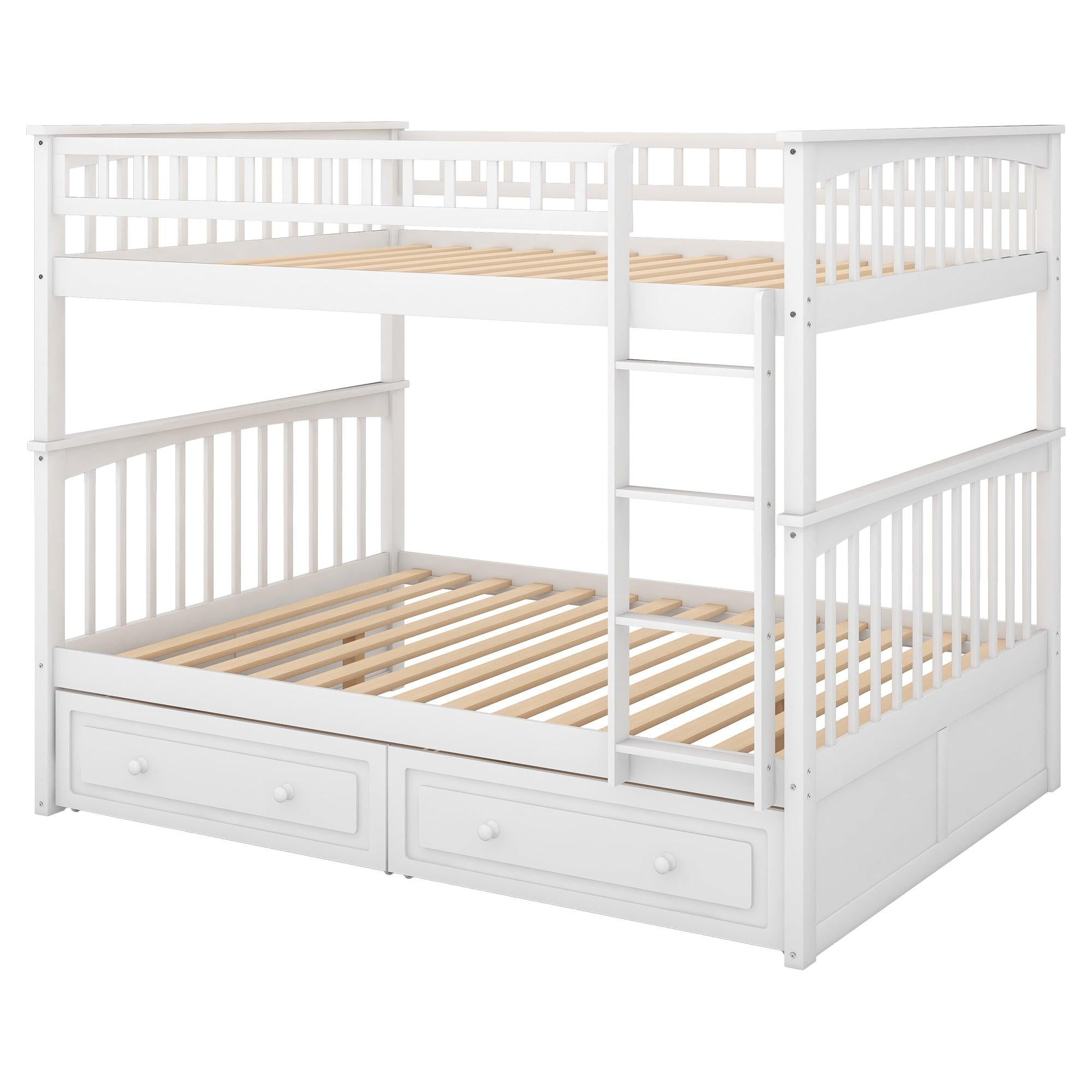 Full over Full Convertible Bunk Bed with Drawers and Head and Footboard - White