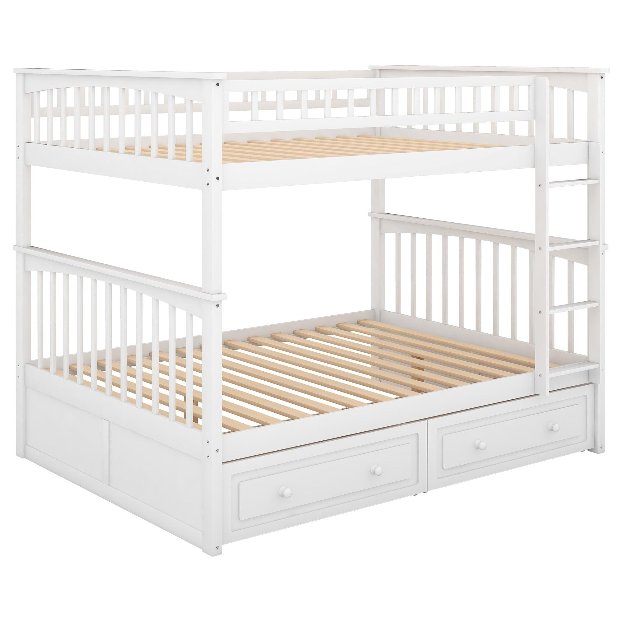 Full over Full Convertible Bunk Bed with Drawers and Head and Footboard - White