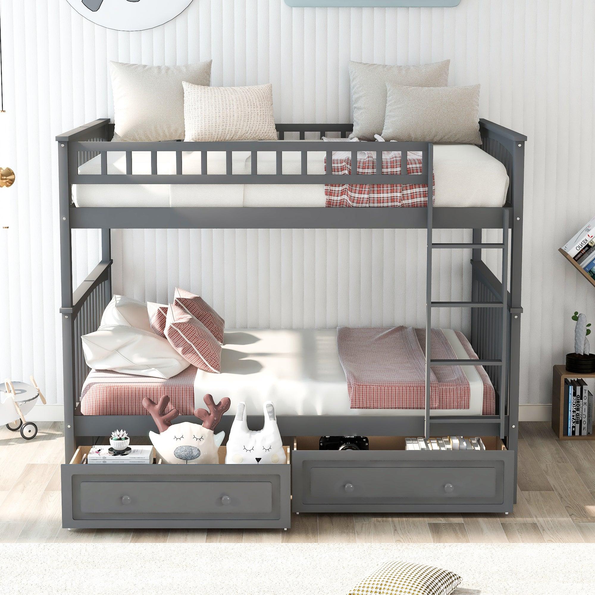 Full over Full Convertible Bunk Bed with Drawers and Head and Footboard - Gray