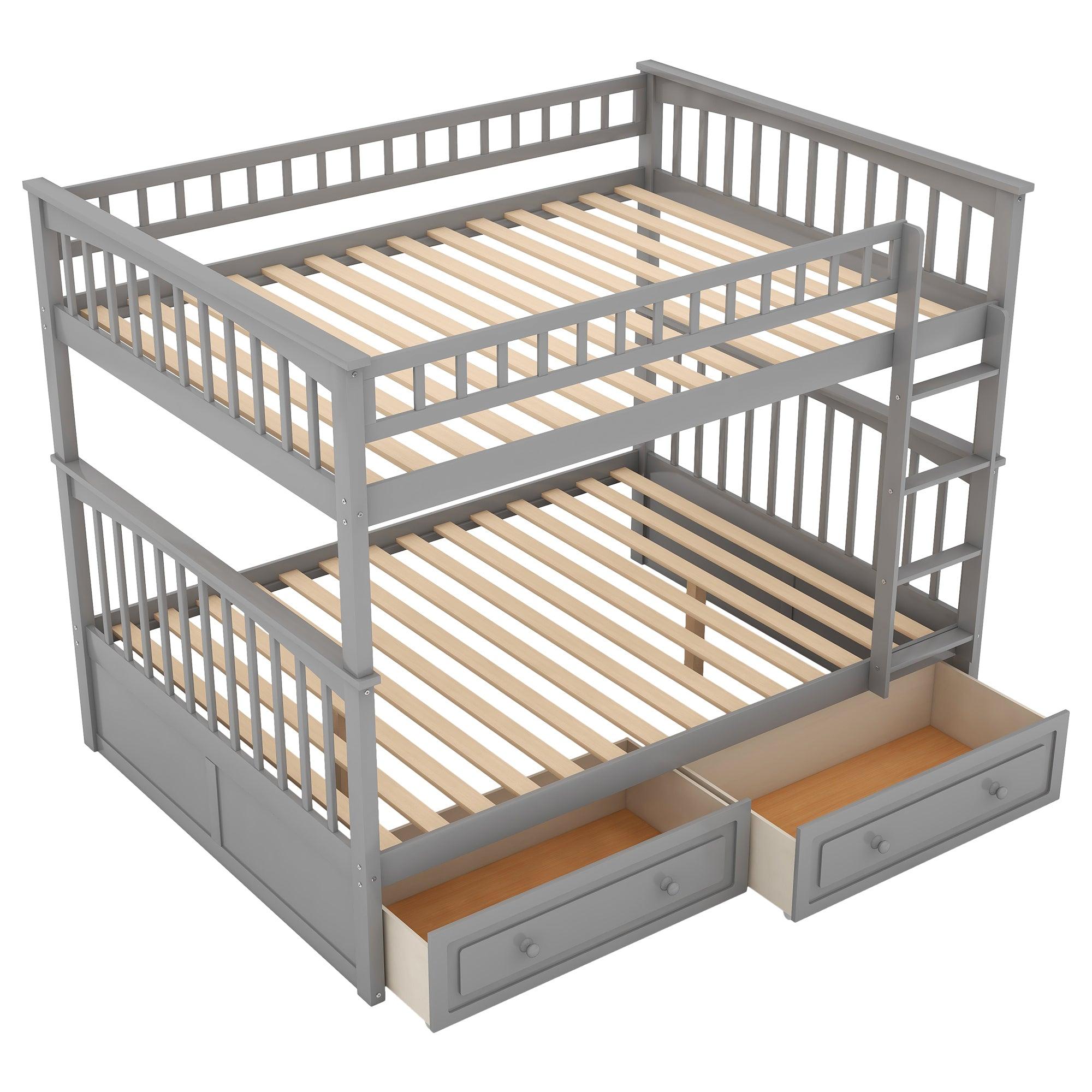 Full over Full Convertible Bunk Bed with Drawers and Head and Footboard - Gray