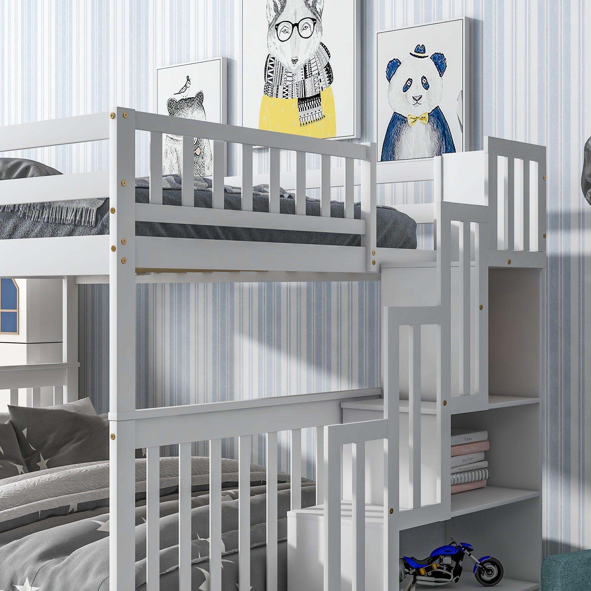 Full Over Full Convertible Bunk Bed with Drawers,Storage Staircase, Head and Footboard - White