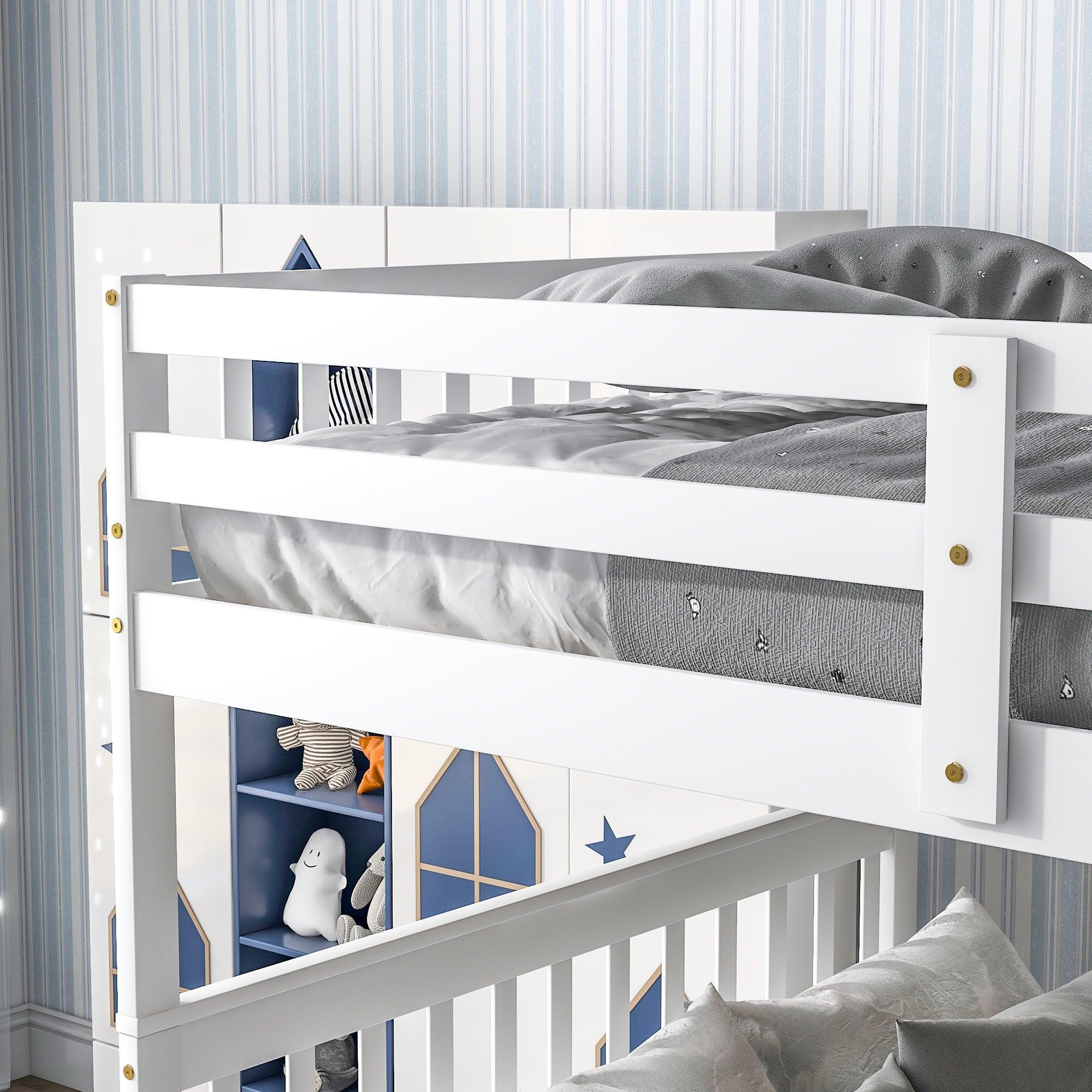 Full Over Full Convertible Bunk Bed with Drawers,Storage Staircase, Head and Footboard - White