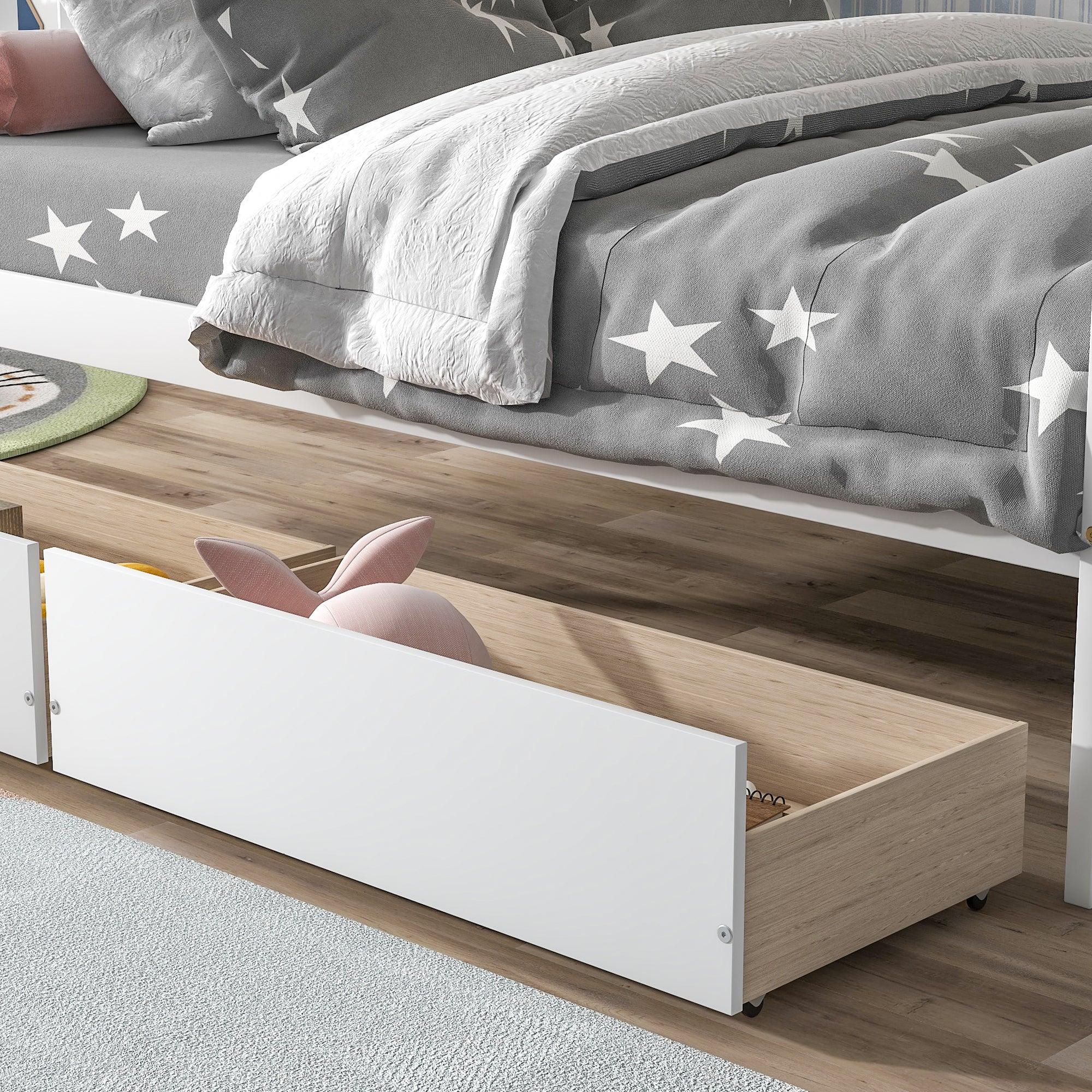 Full Over Full Convertible Bunk Bed with Drawers,Storage Staircase, Head and Footboard - White