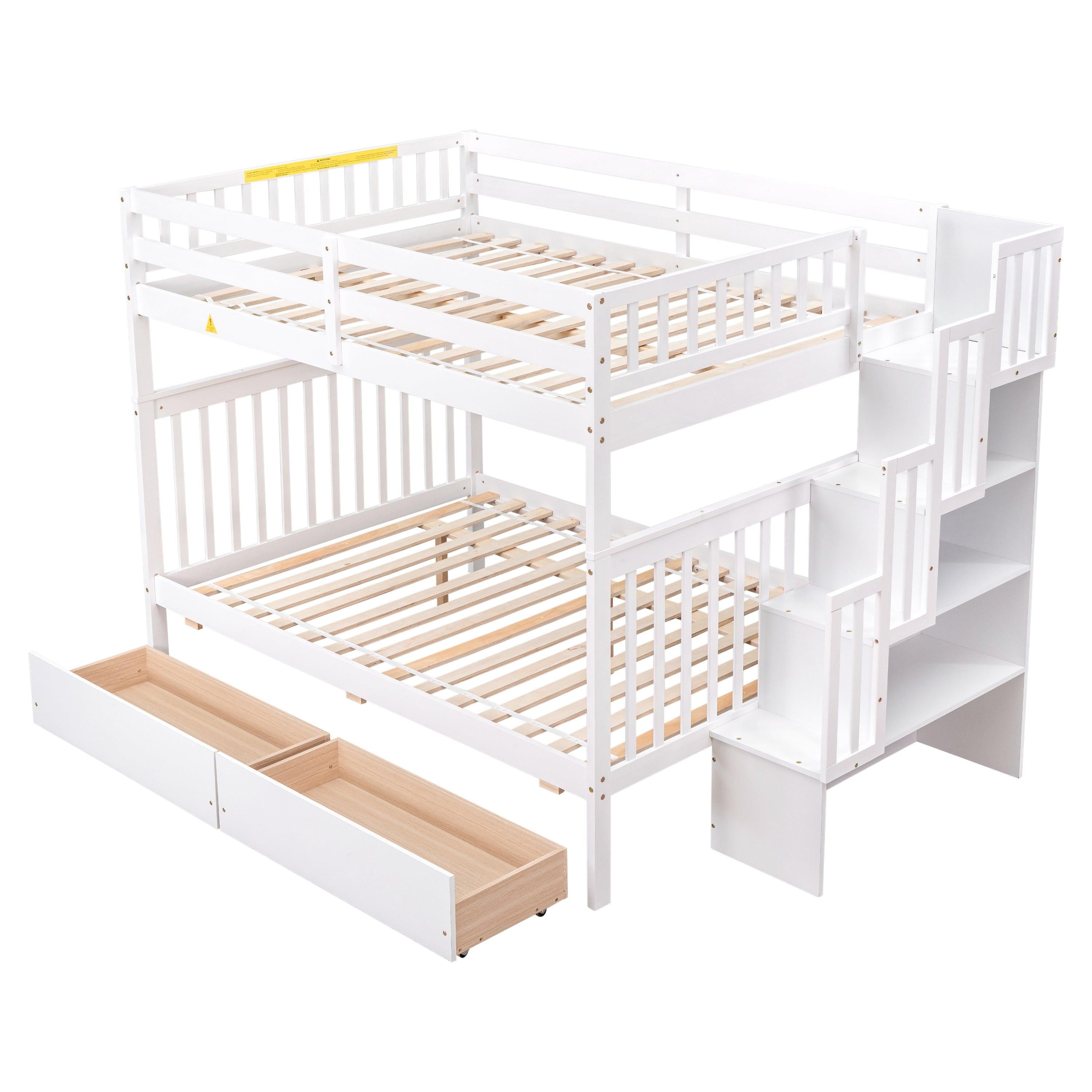 Full Over Full Convertible Bunk Bed with Drawers,Storage Staircase, Head and Footboard - White