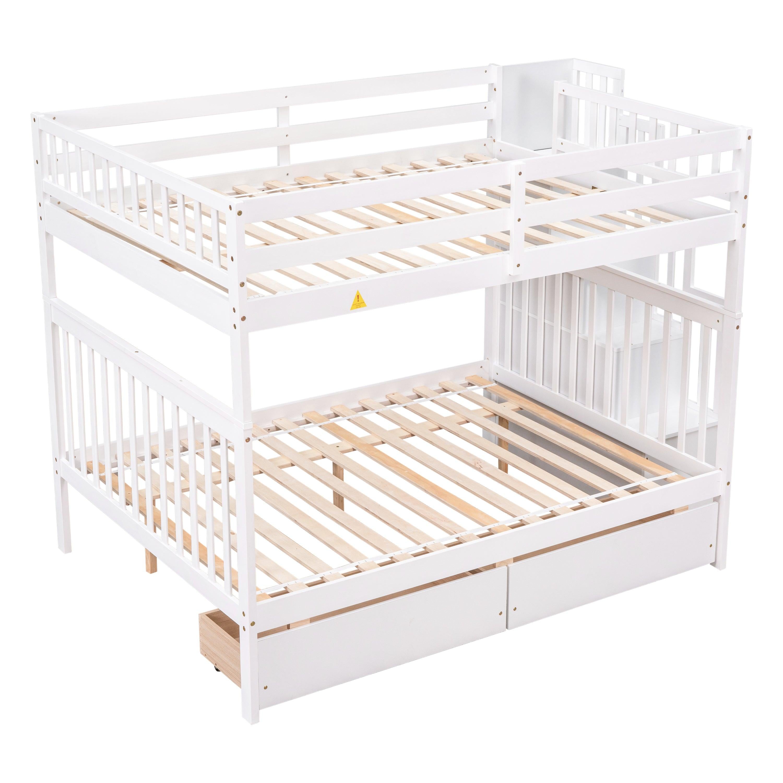 Full Over Full Convertible Bunk Bed with Drawers,Storage Staircase, Head and Footboard - White