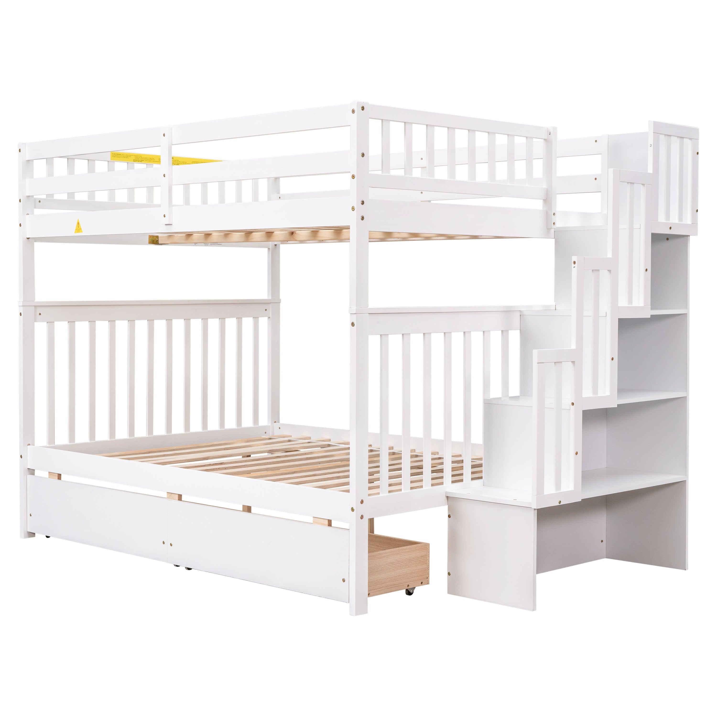 Full Over Full Convertible Bunk Bed with Drawers,Storage Staircase, Head and Footboard - White