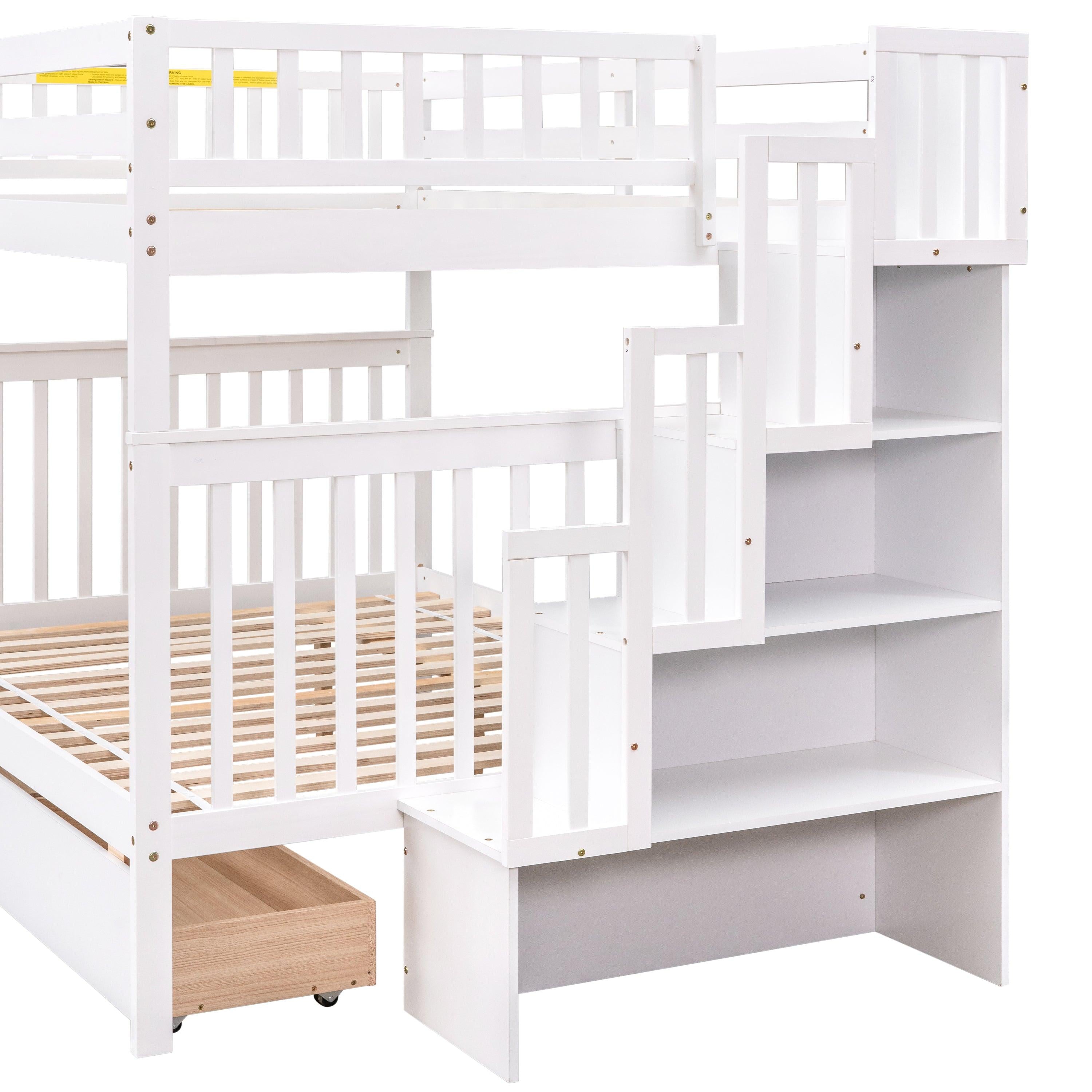 Full Over Full Convertible Bunk Bed with Drawers,Storage Staircase, Head and Footboard - White