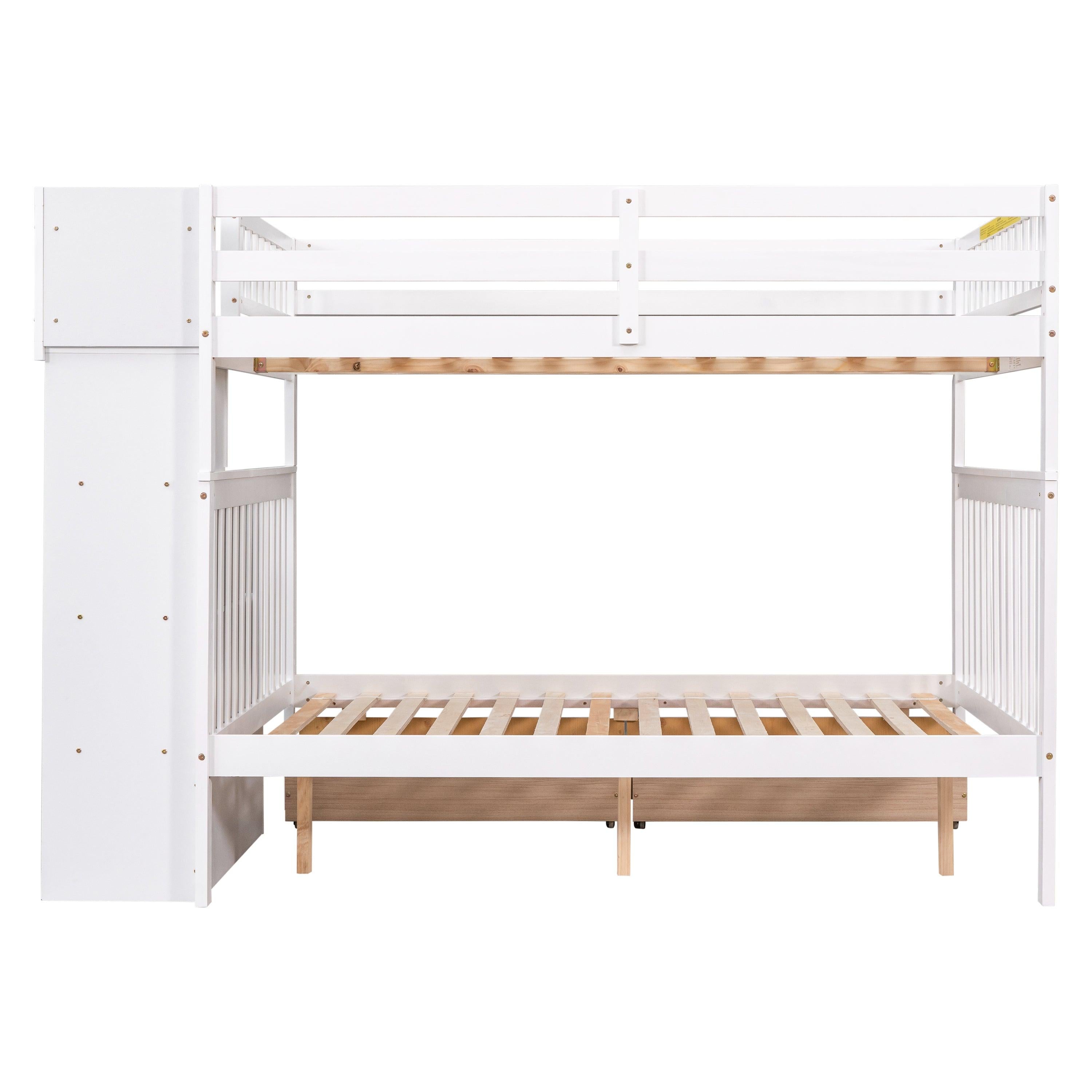 Full Over Full Convertible Bunk Bed with Drawers,Storage Staircase, Head and Footboard - White