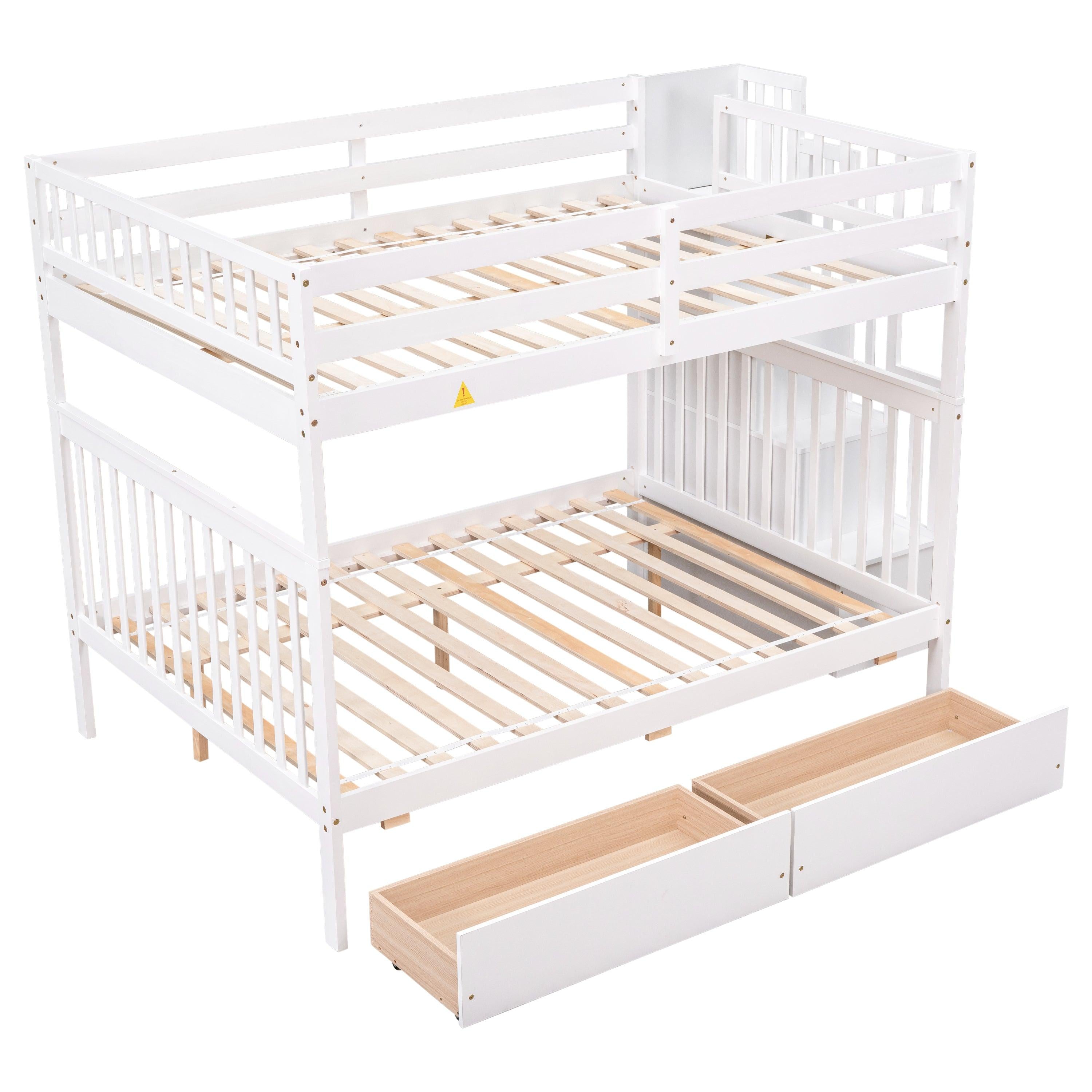 Full Over Full Convertible Bunk Bed with Drawers,Storage Staircase, Head and Footboard - White