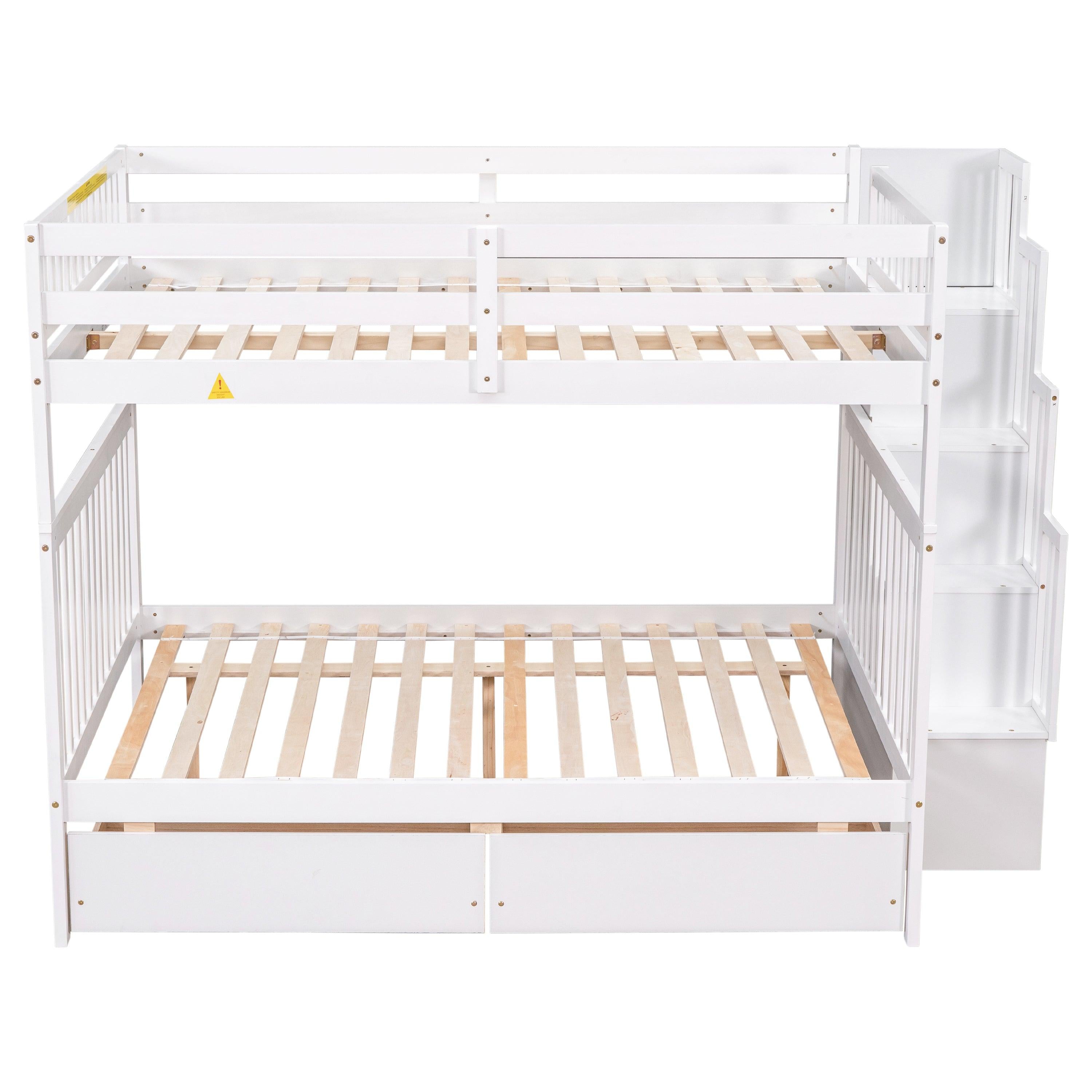 Full Over Full Convertible Bunk Bed with Drawers,Storage Staircase, Head and Footboard - White