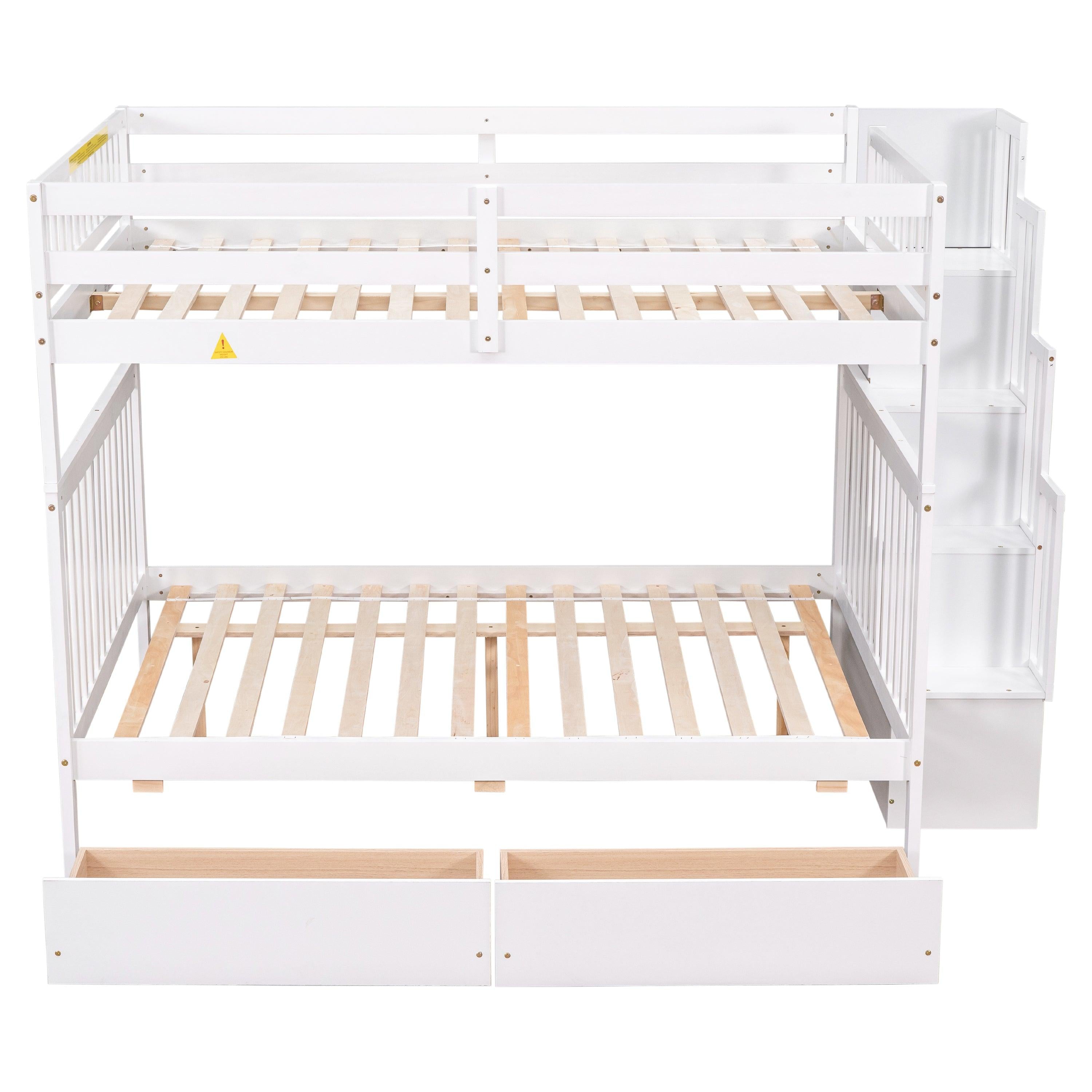 Full Over Full Convertible Bunk Bed with Drawers,Storage Staircase, Head and Footboard - White