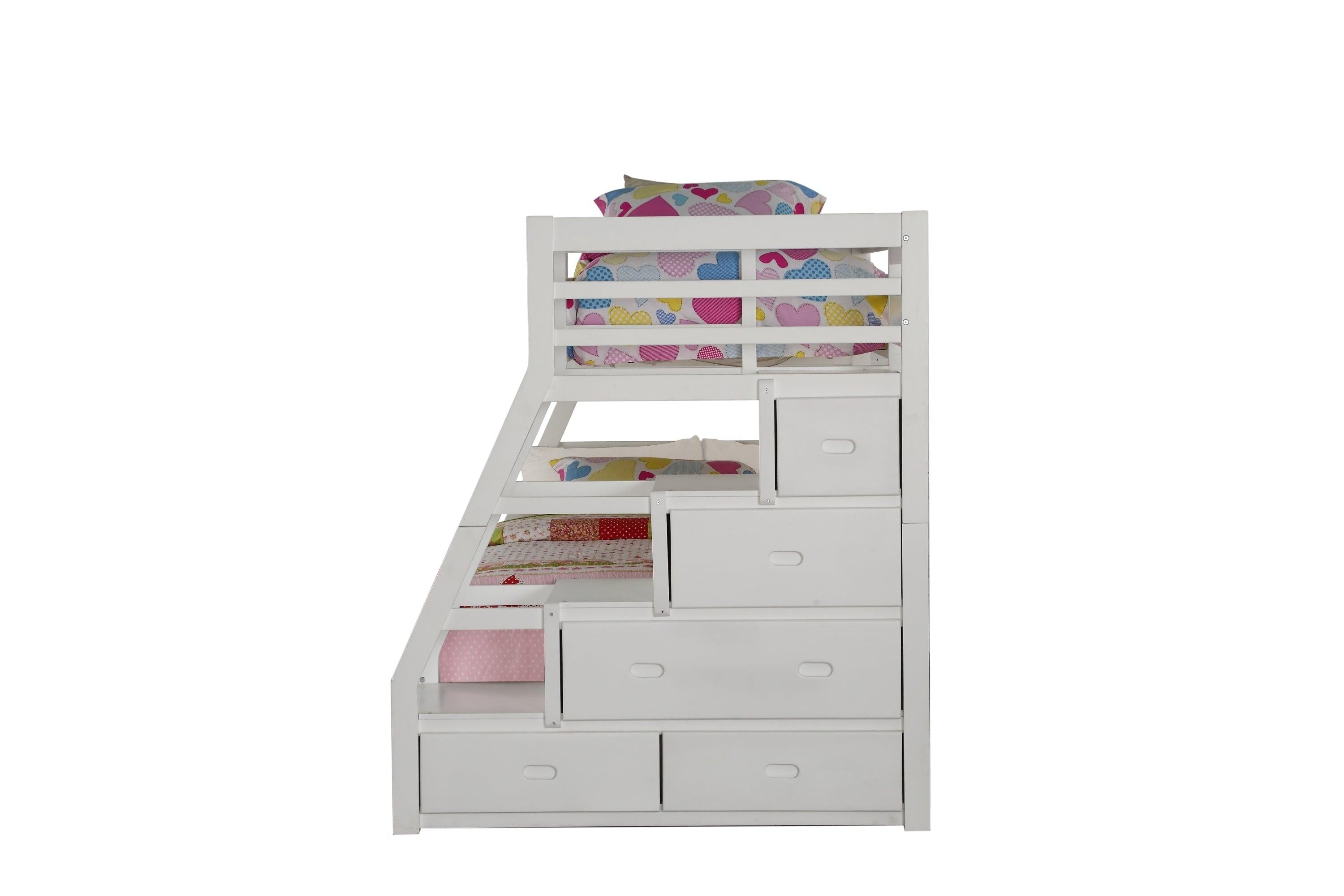 ACME Jason Twin Over Full Bunk Bed with Full Size Trundle andStorage Staircase - White