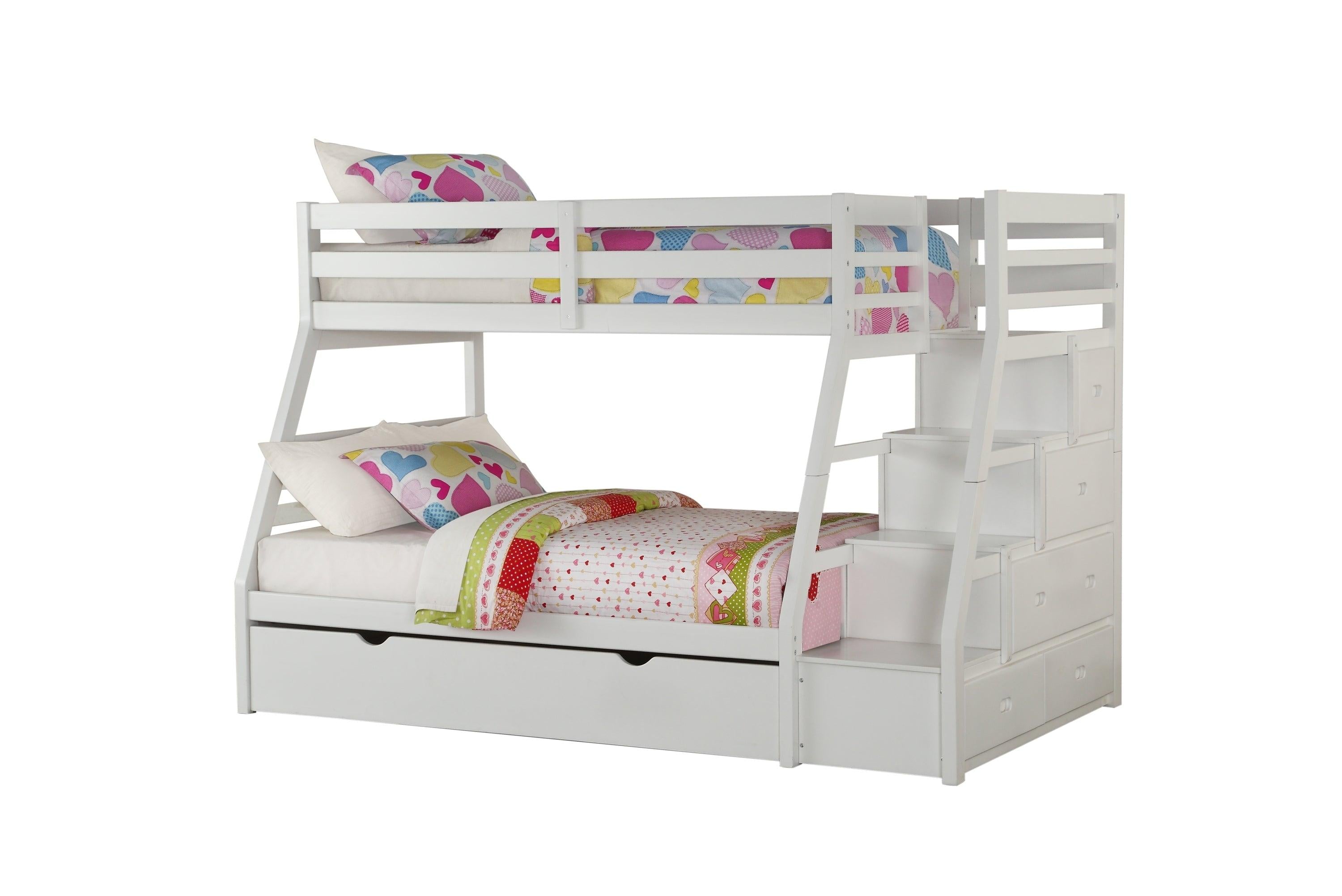 ACME Jason Twin Over Full Bunk Bed with Full Size Trundle andStorage Staircase - White