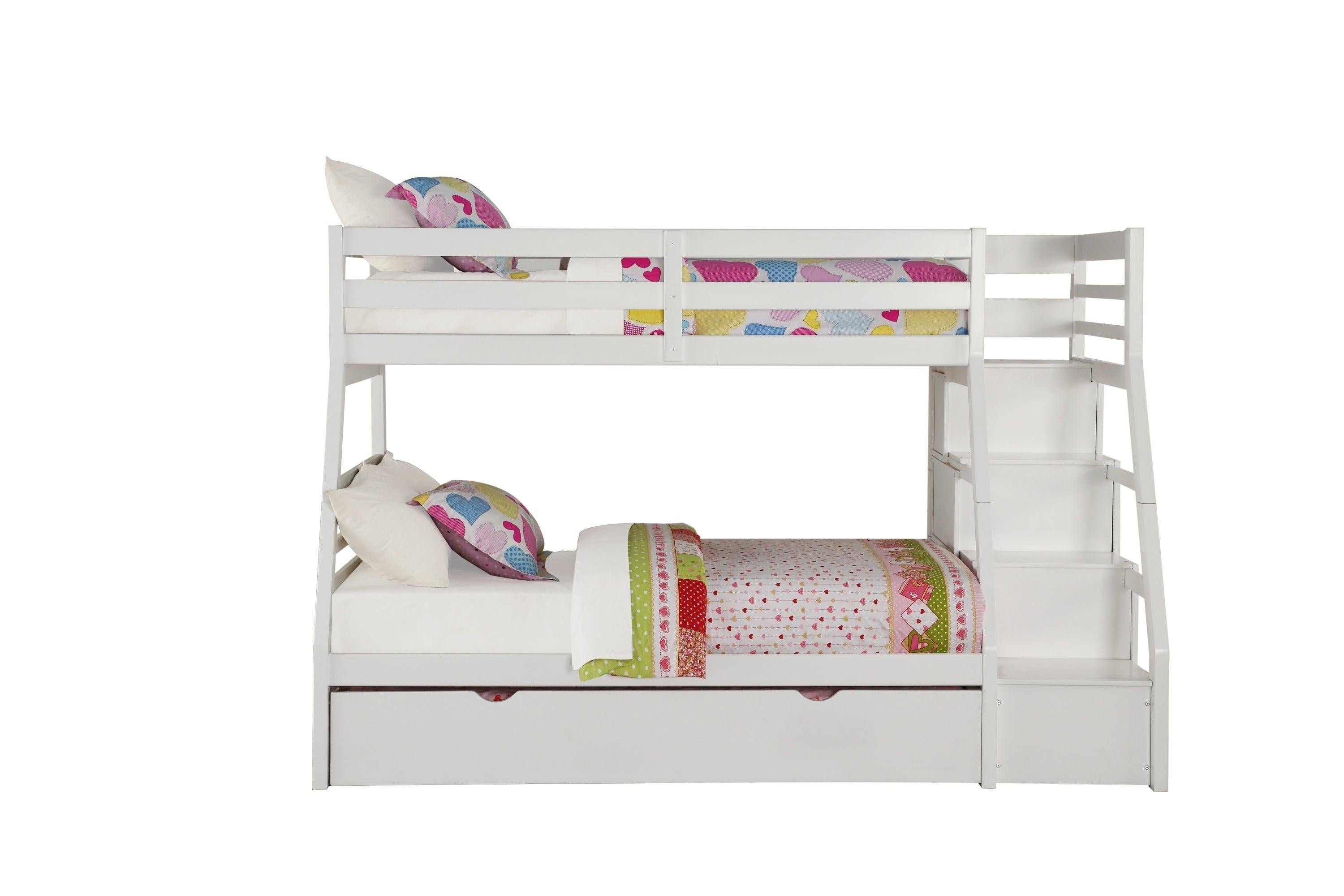 ACME Jason Twin Over Full Bunk Bed with Full Size Trundle andStorage Staircase - White