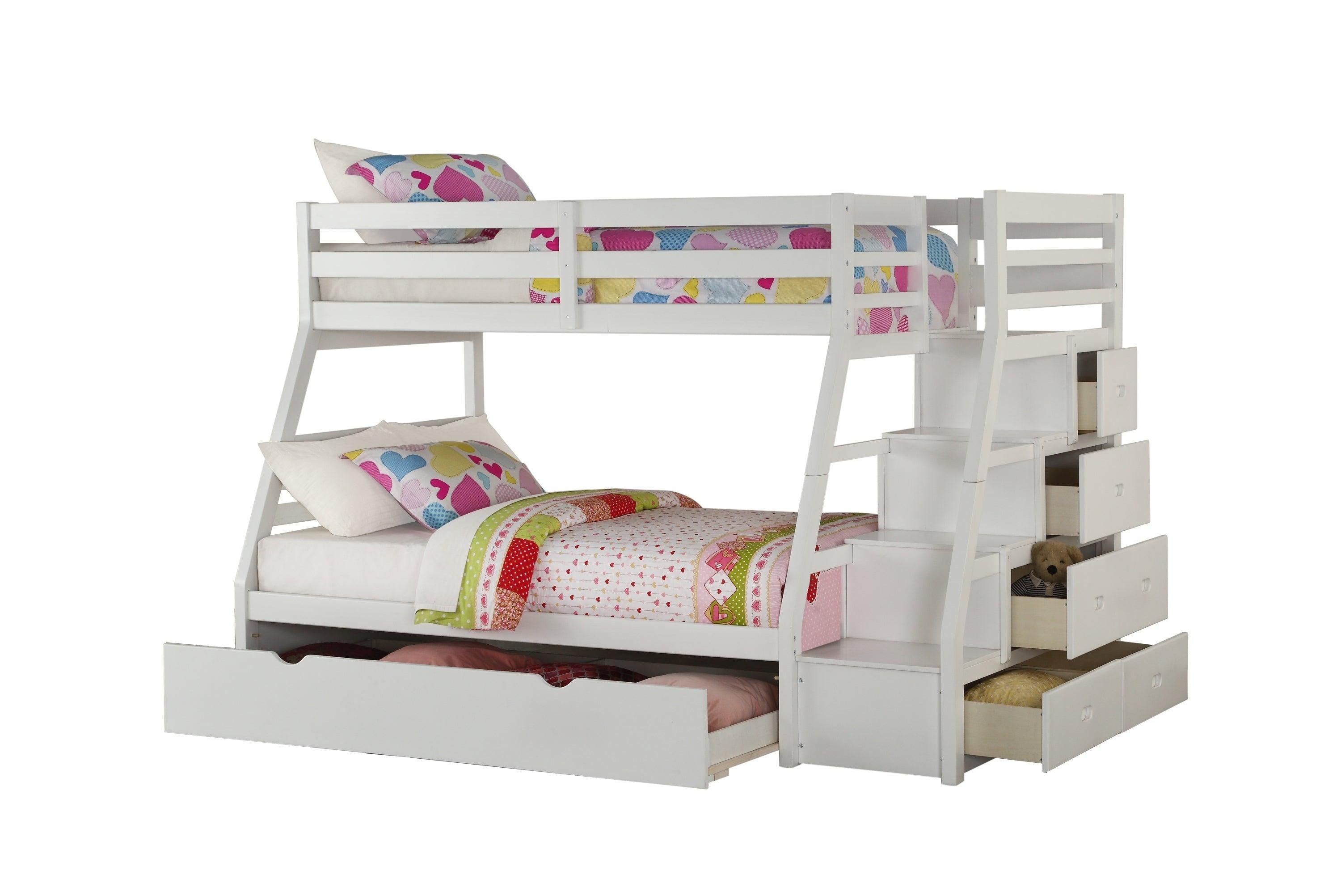 ACME Jason Twin Over Full Bunk Bed with Full Size Trundle andStorage Staircase - White