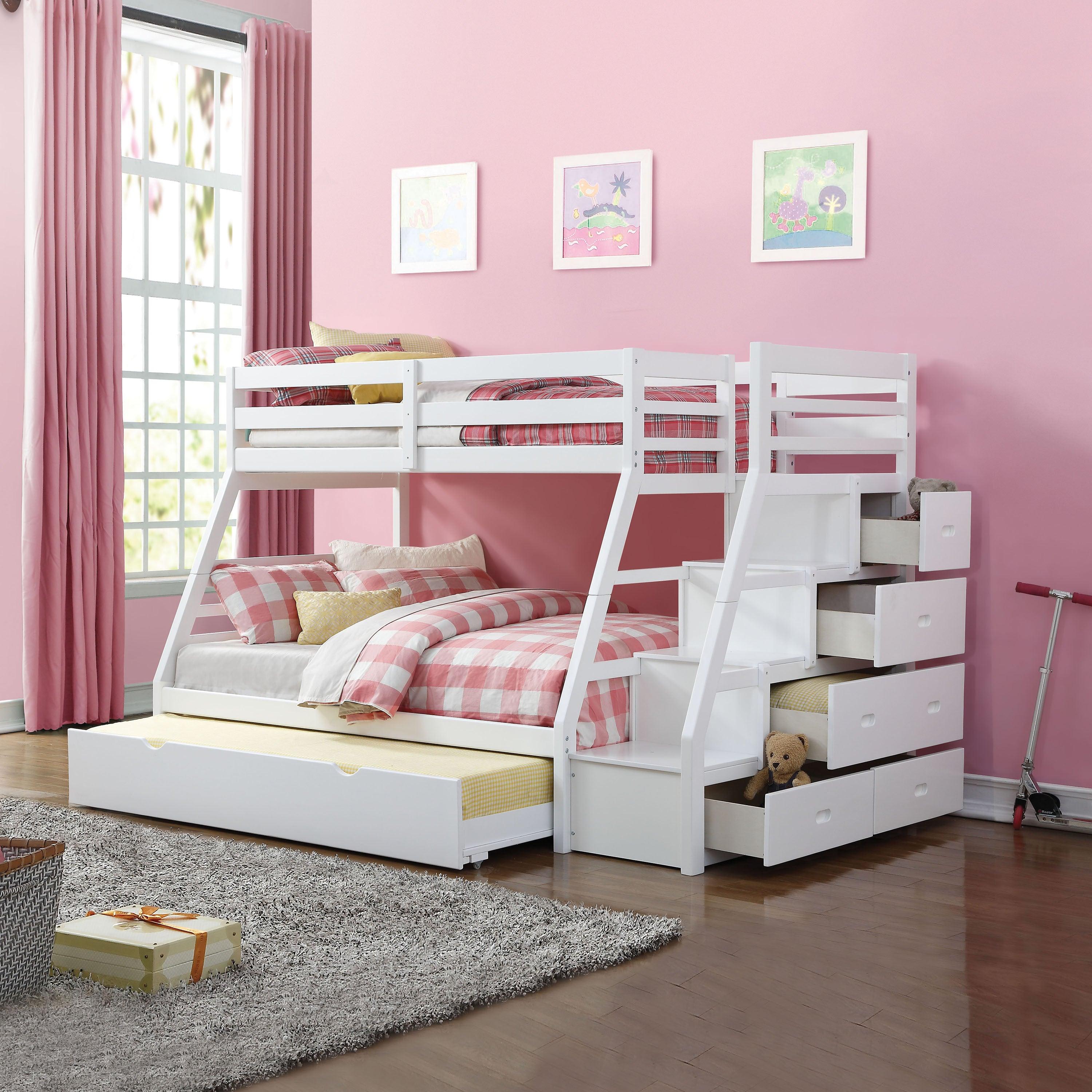 ACME Jason Twin Over Full Bunk Bed with Full Size Trundle andStorage Staircase - White image