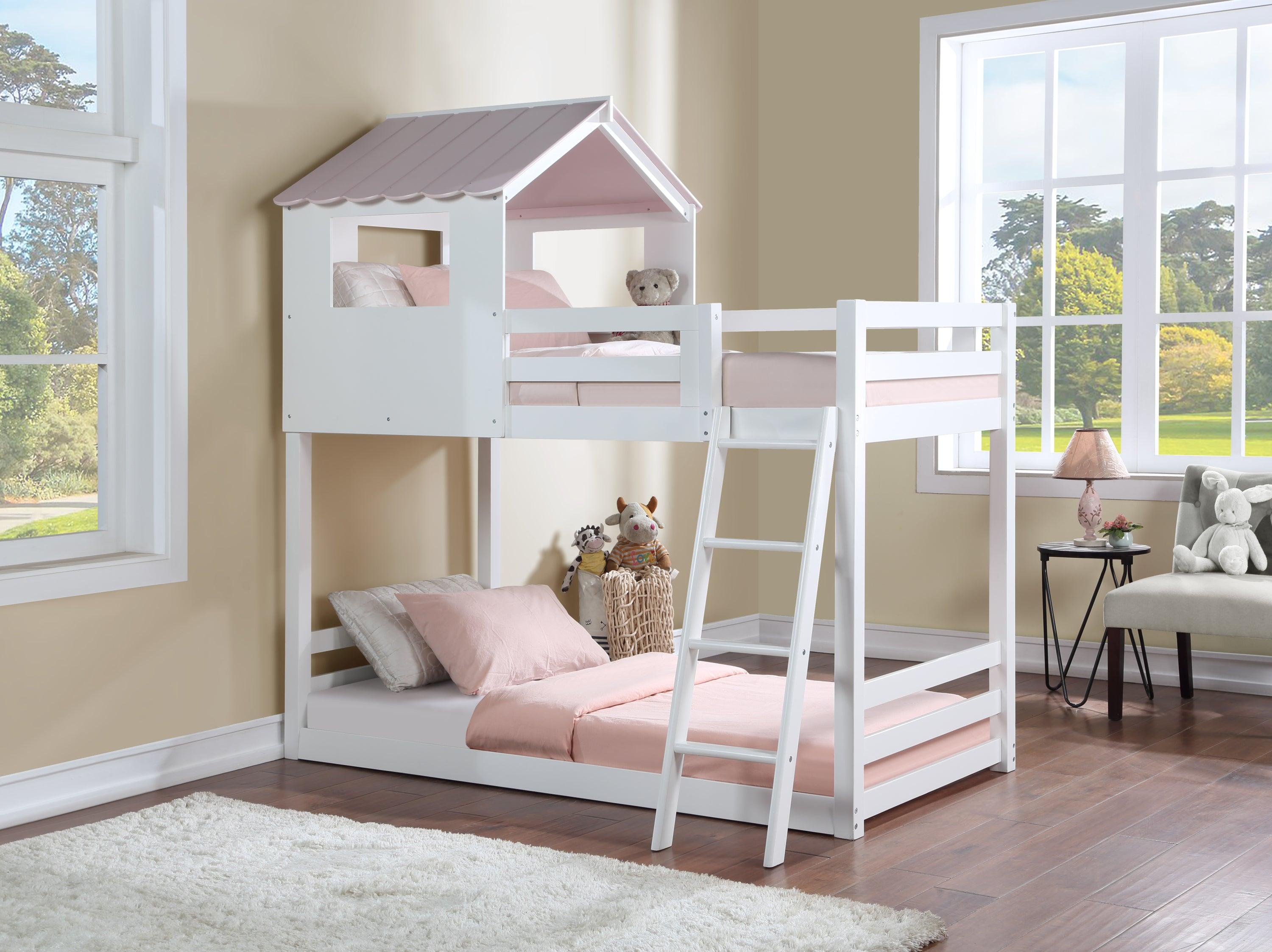 ACME Solenne Twin over Twin House Shaped Bunk Bed - White and Pink image